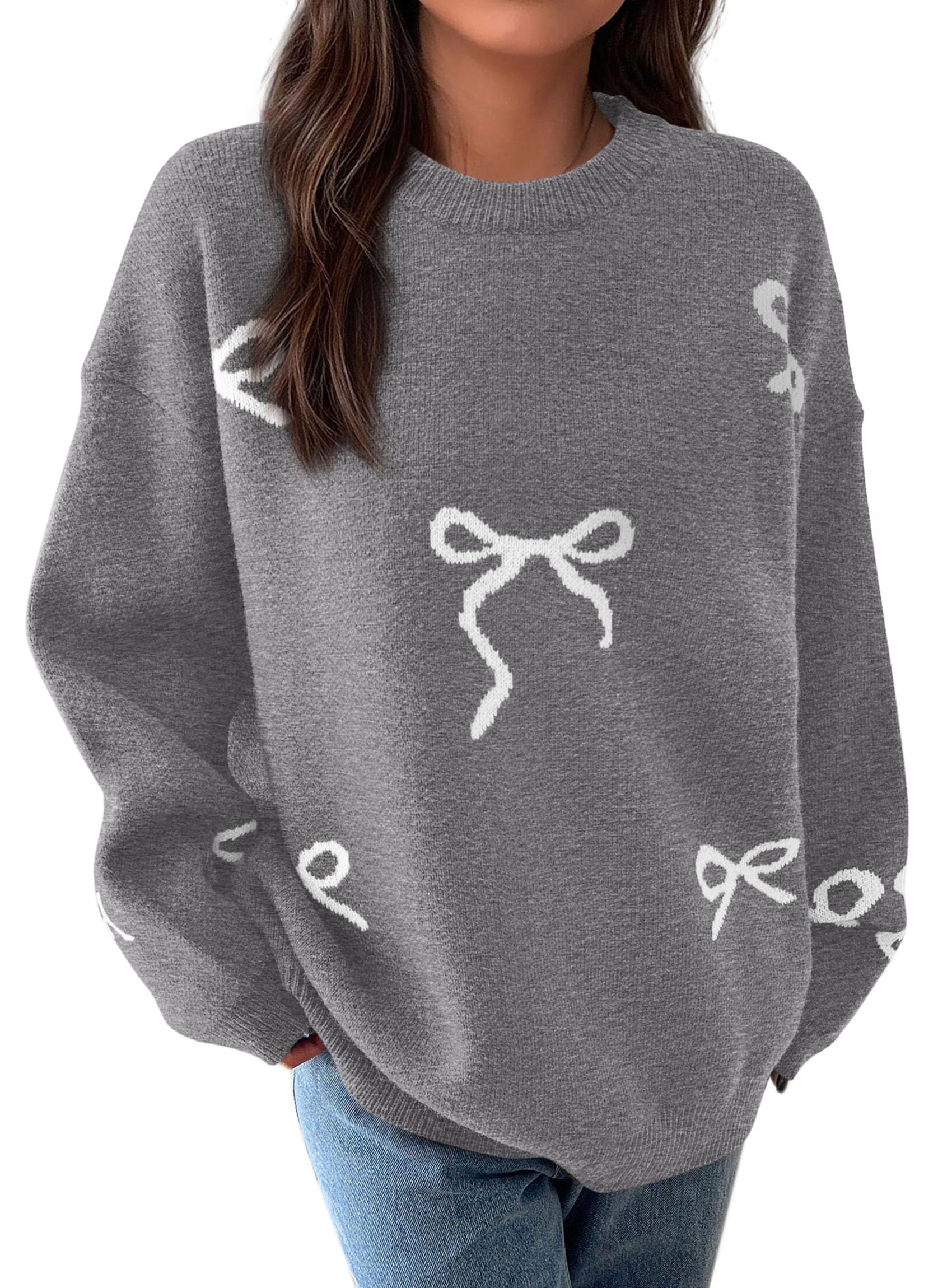 Fall Long Sleeve Pullover Sweaters for Women 2026 Trendy Crewneck Casual Cute Bow Chunky Knit Oversized Sweater (Grey,Small)