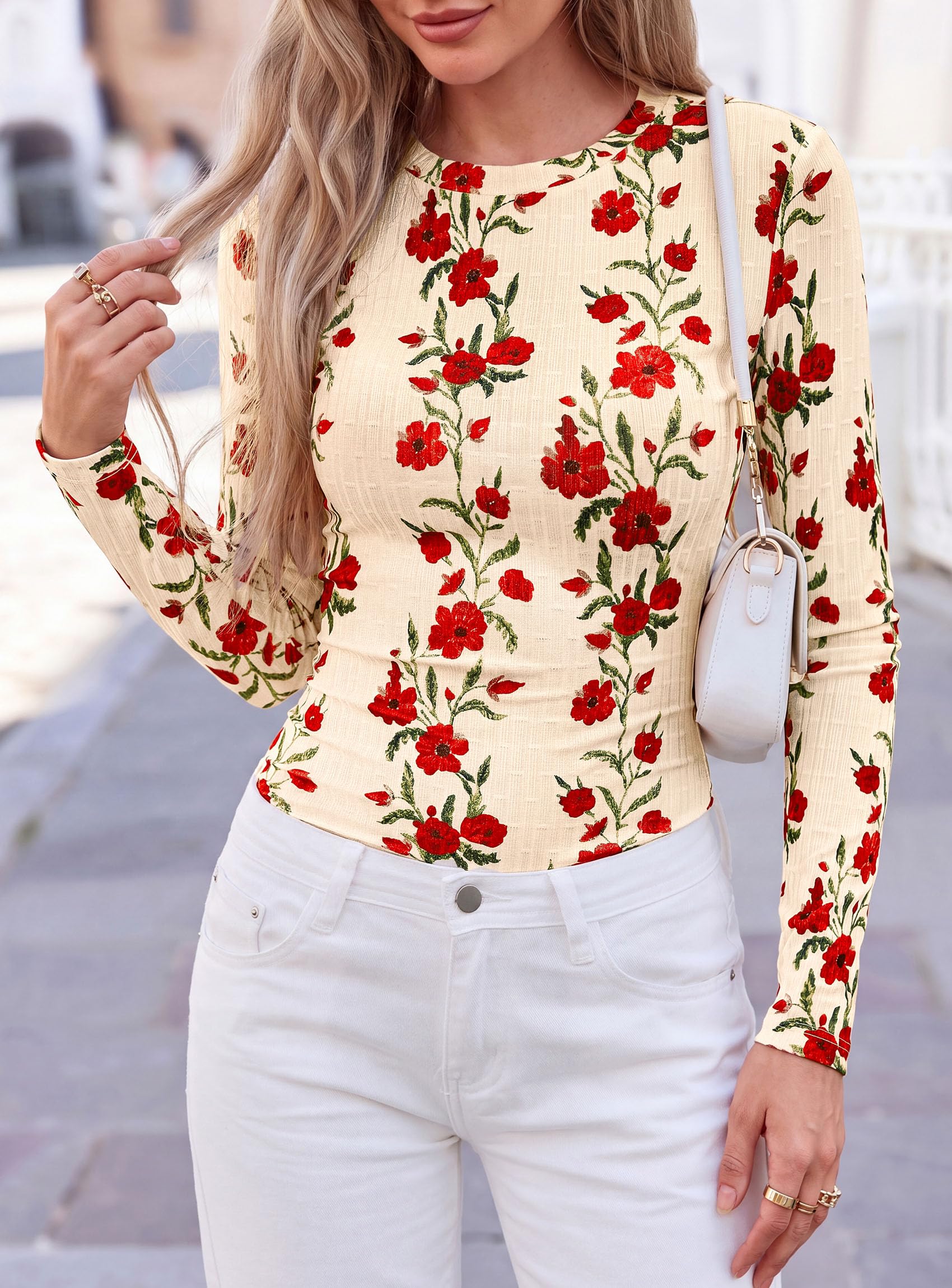 Womens Long Sleeve Shirts Floral Y2K Tops,Beige,M