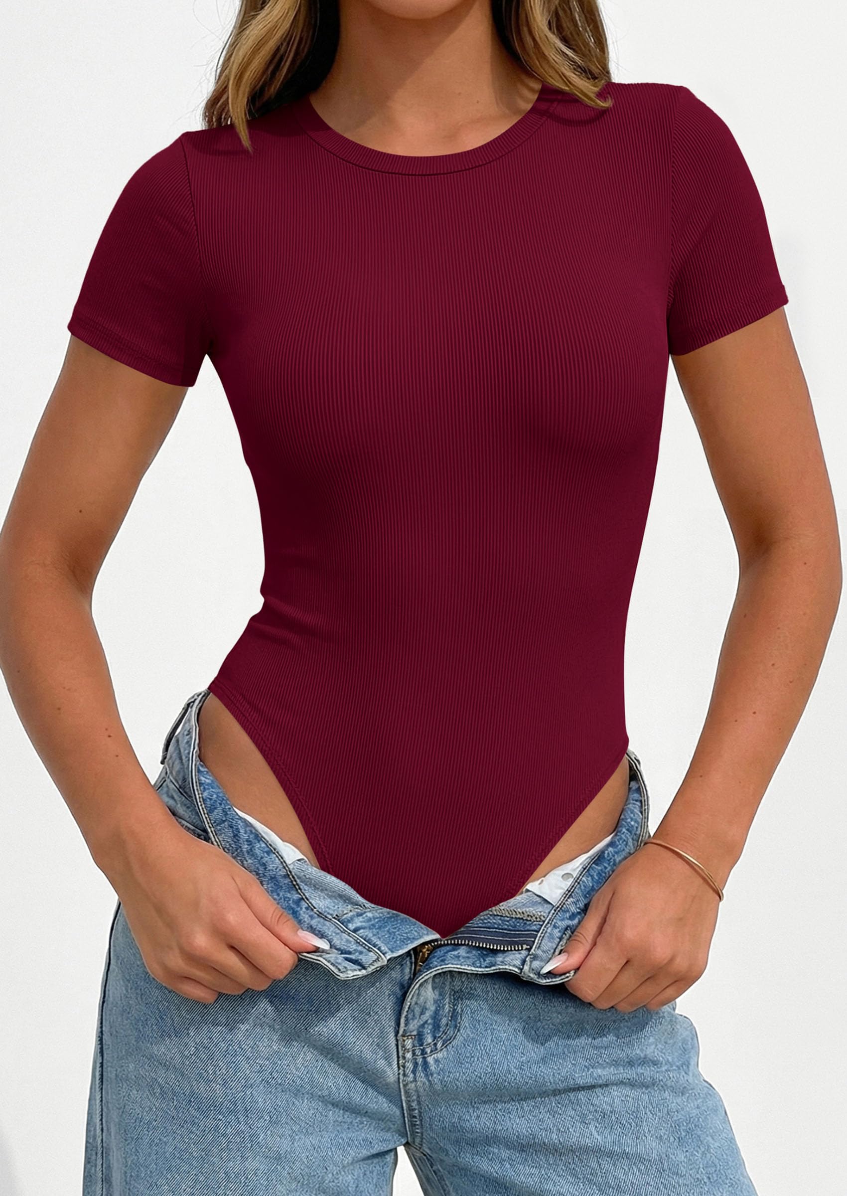 Body Suits for Womens Short Sleeve Summer Tops, Burgundy,S