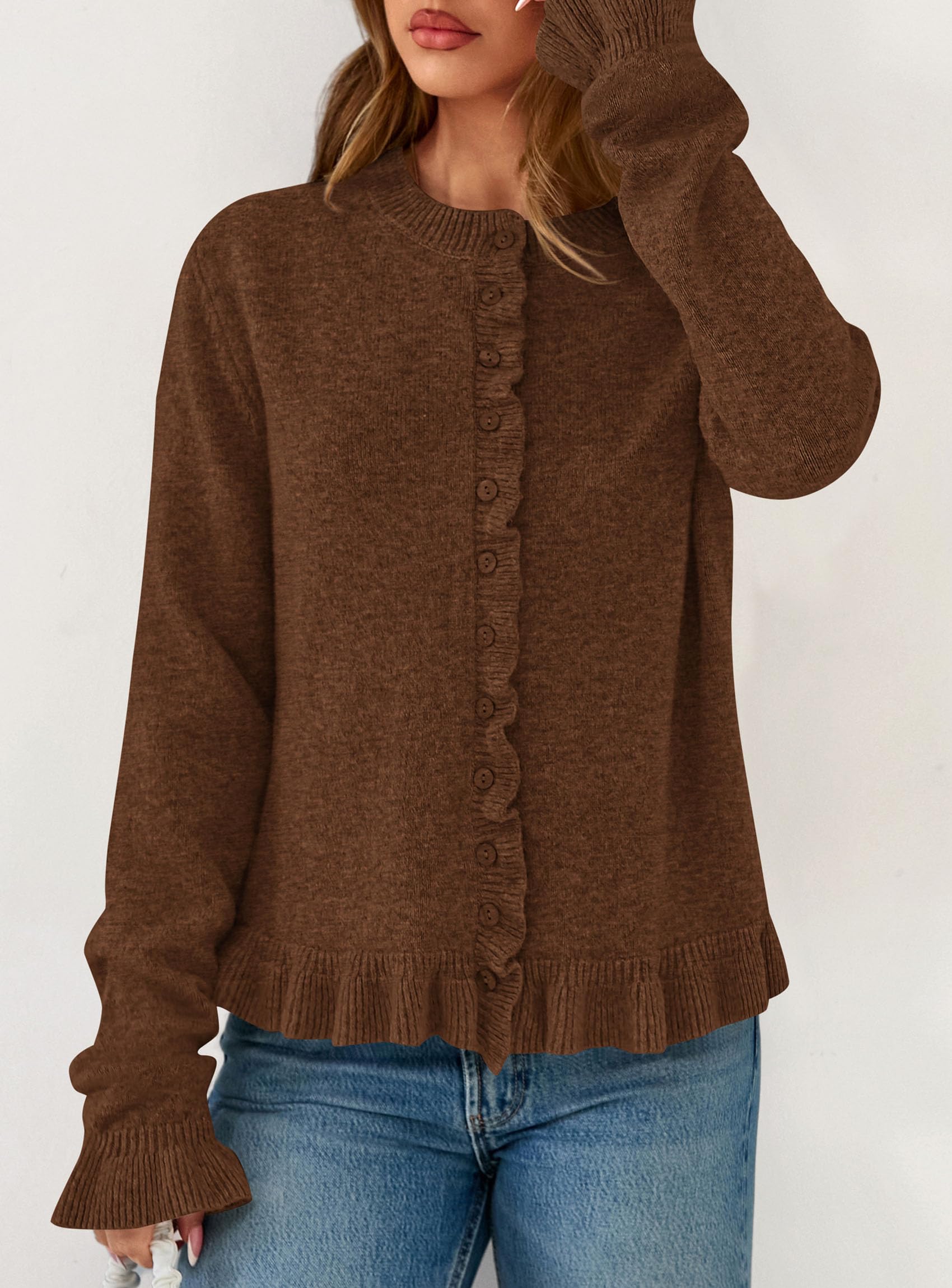 Womens Ruffle Button Down Cardigan Sweaters,Brown,S