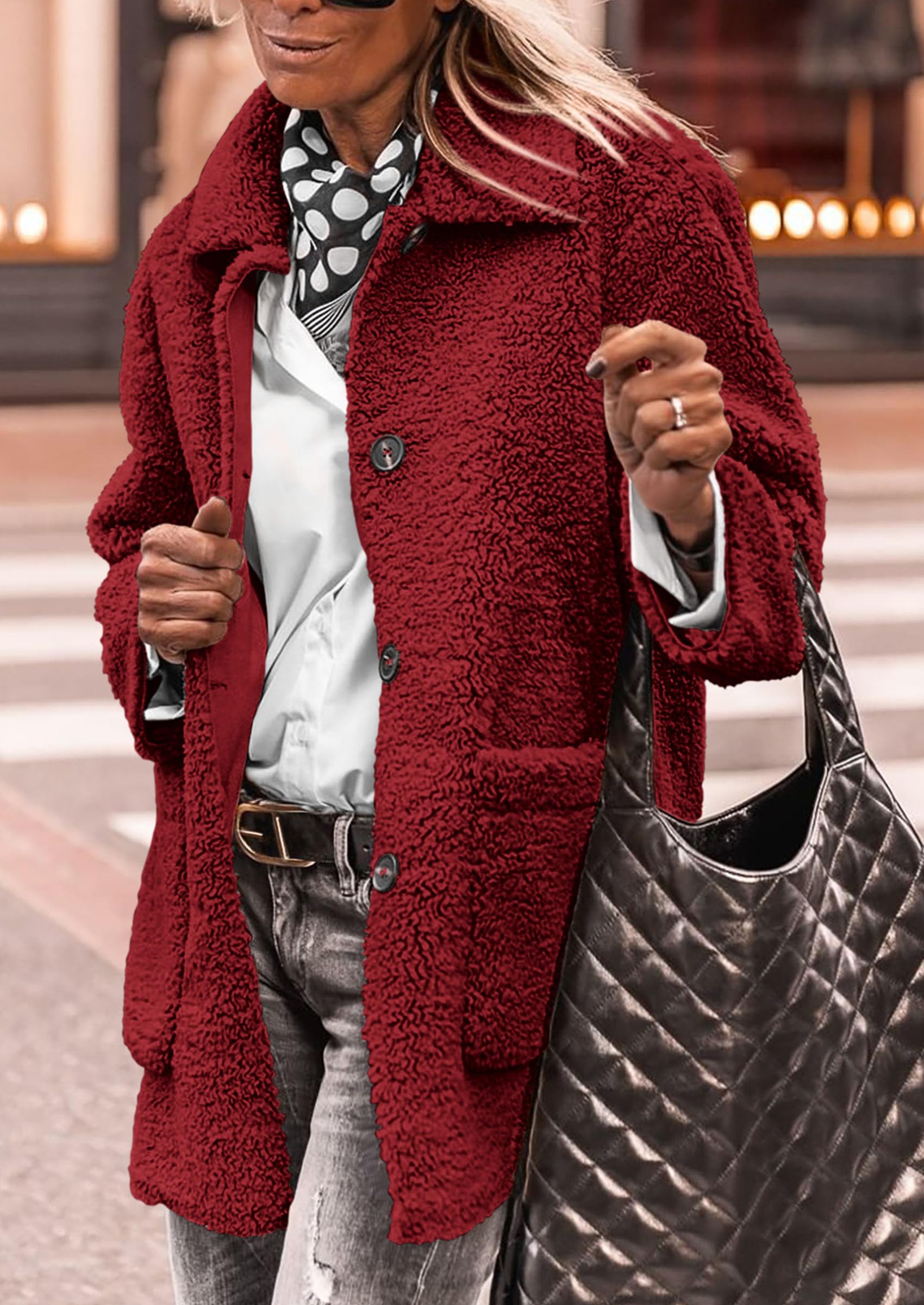 Women's Fleece Sherpa Coats Winter Outfits Jujube Red,S