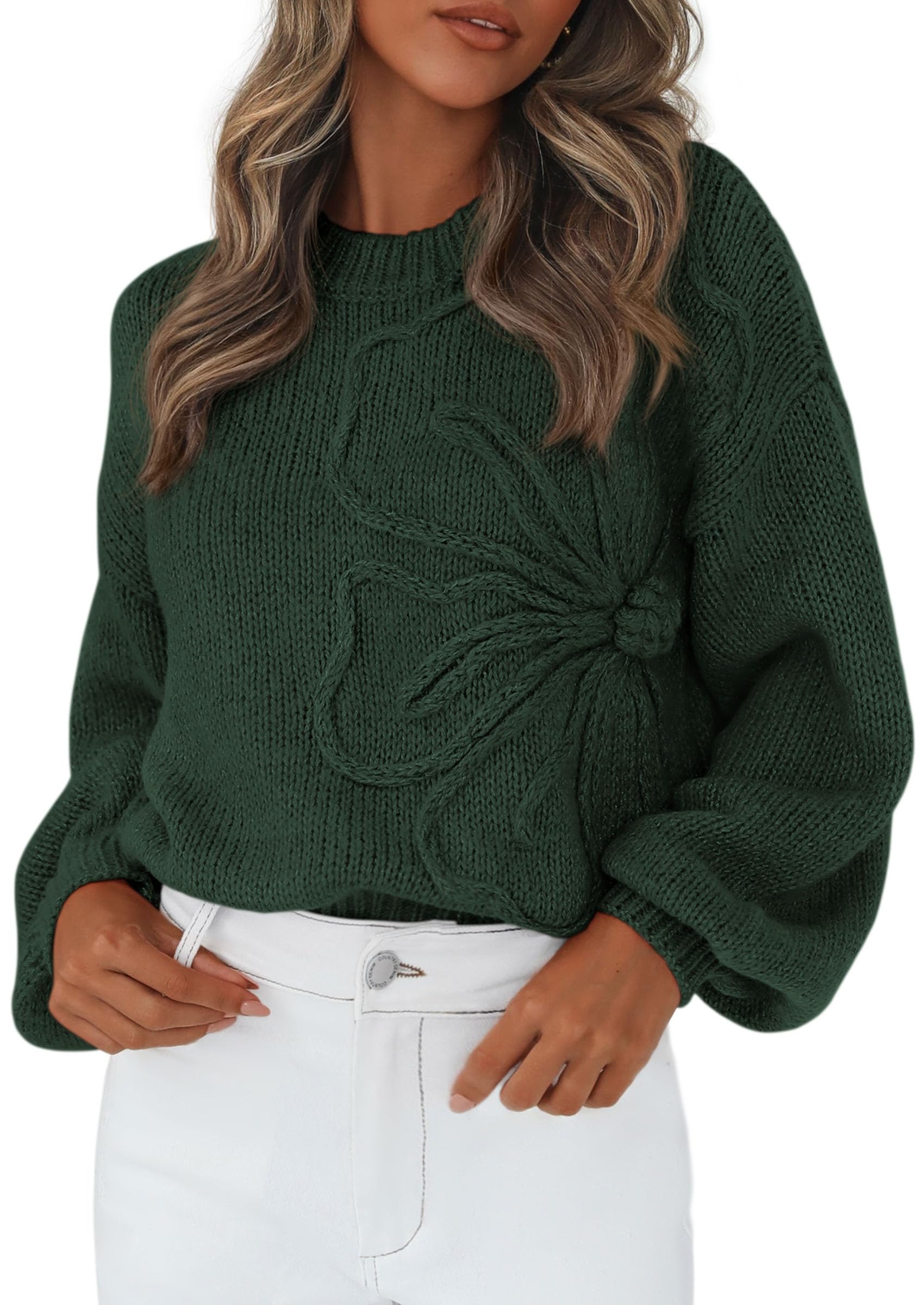 Women's Oversized 3D Floral Knit Sweater,Dark Green,S