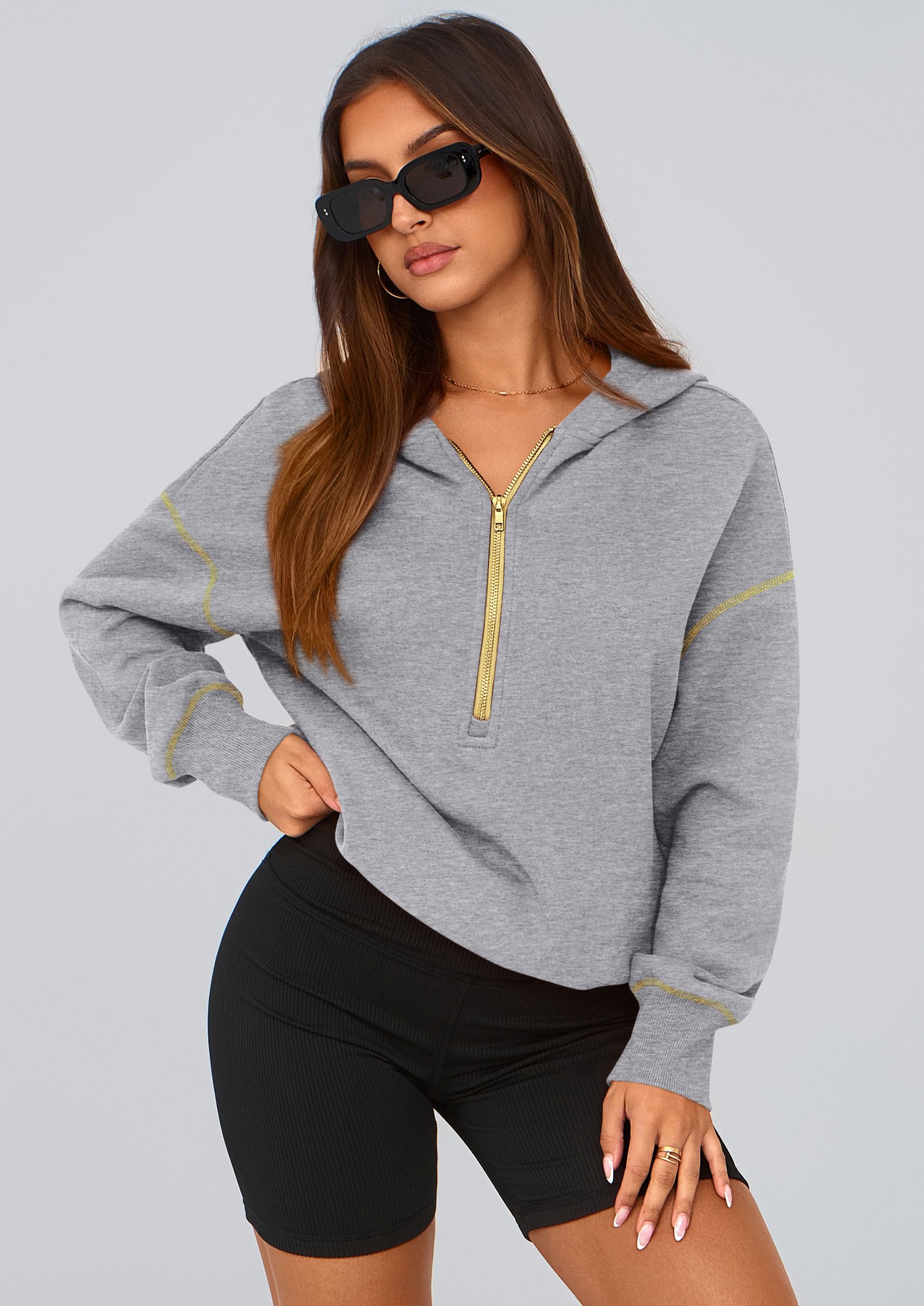 Women's Fall Half Zip Cropped Hoodie Sweatshirt Grey