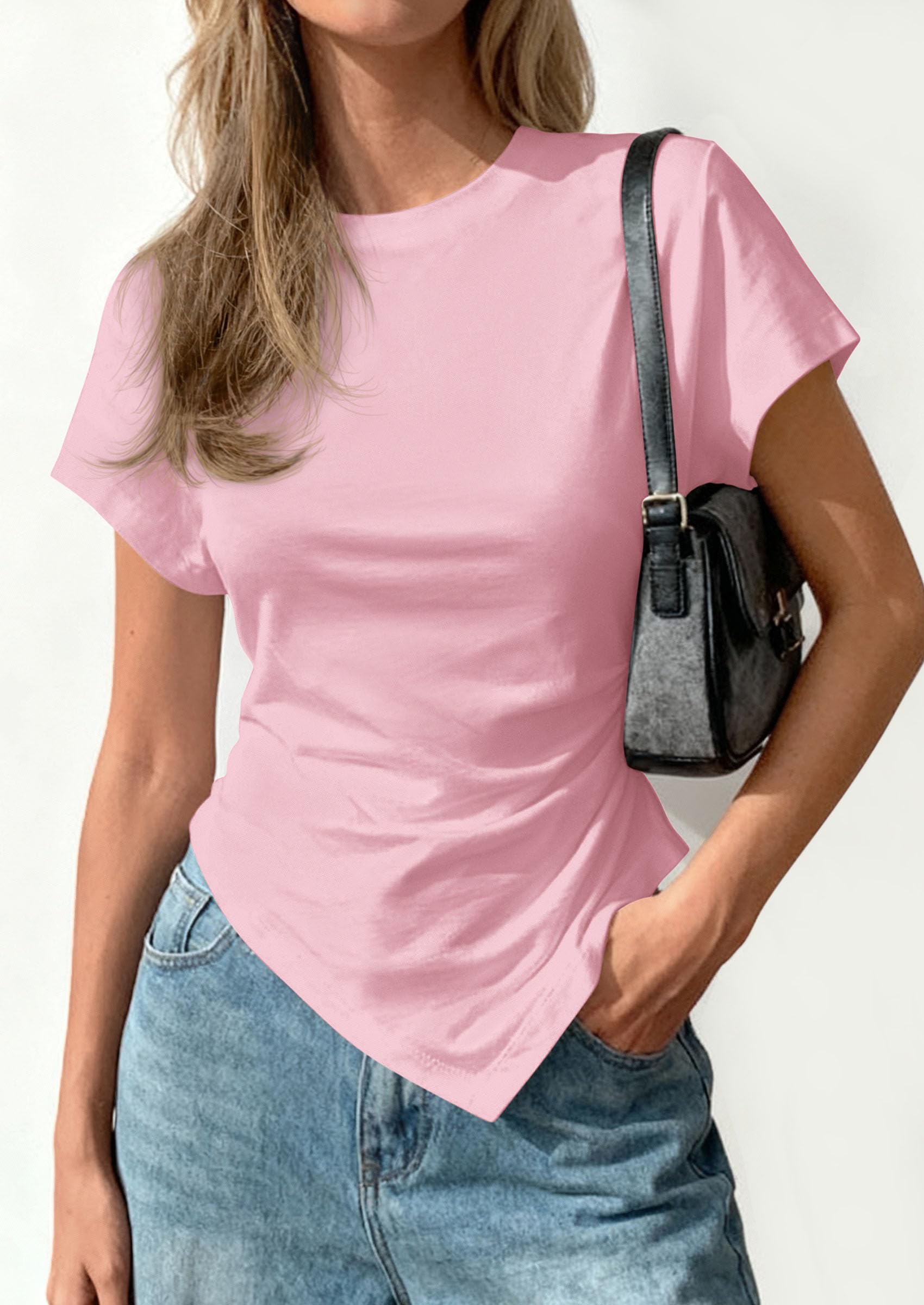 Womens Asymmetrical Summer Short Sleeve Tops,Pink,XS