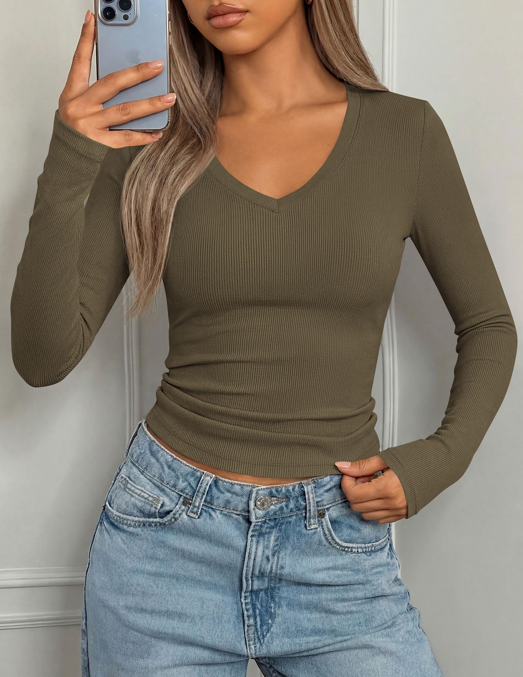 Womens Long Sleeve Ribbed V Neck Knit Shirts(Army Green,S)