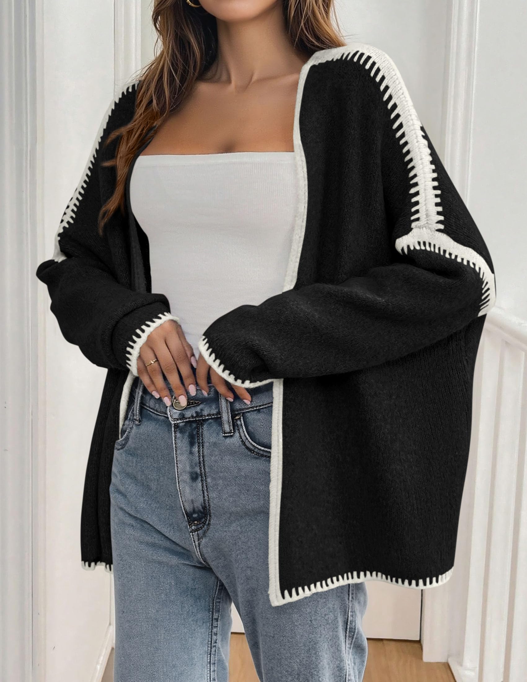 Womens Oversized Cardigan Sweaters 2026 Fall Long Lantern Sleeve Knit Open Front Lightweight Sweater (Style2-Black,Small)