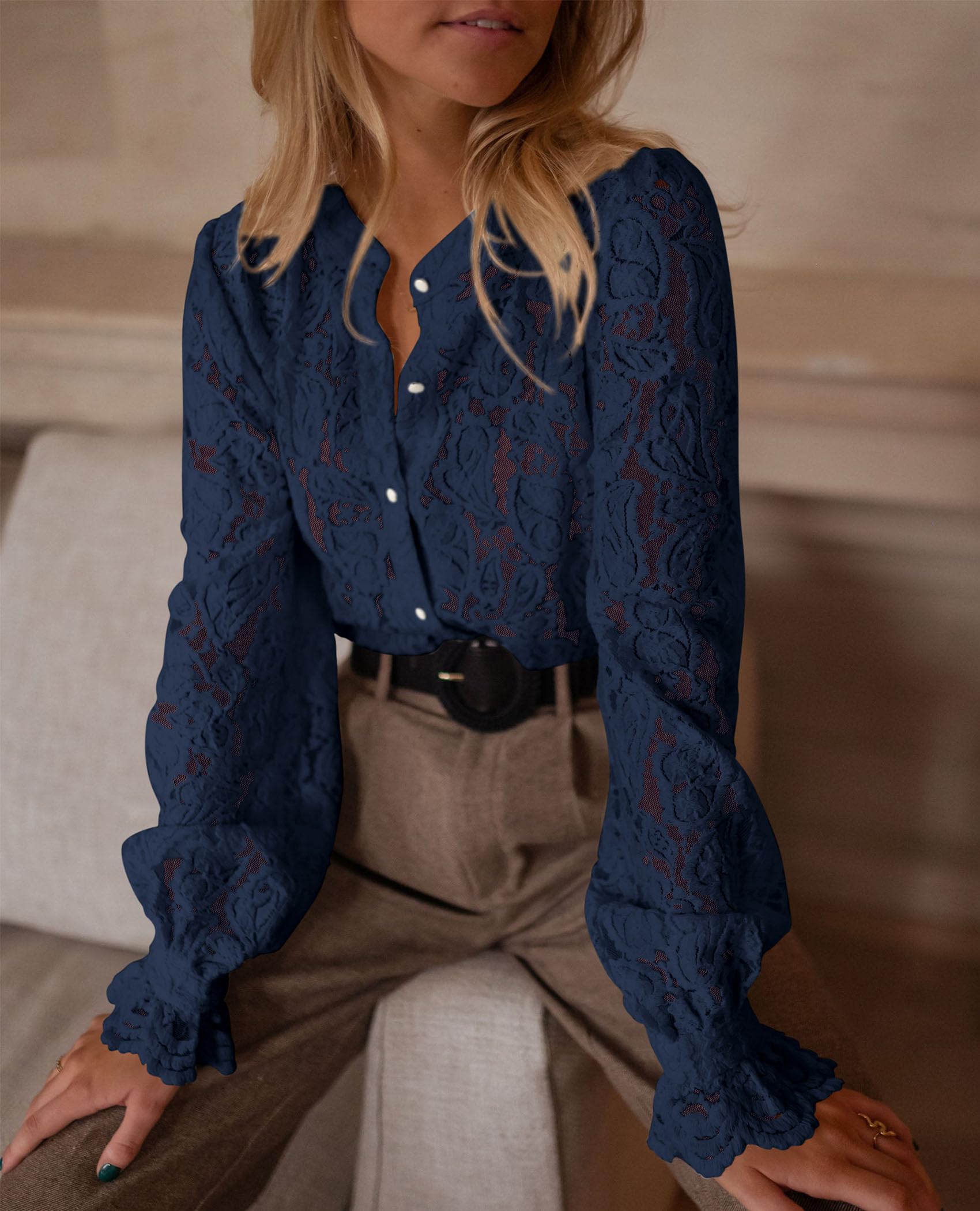 Women's Fall Trendy Long Sleeve Lace Tops(Navy,Small)