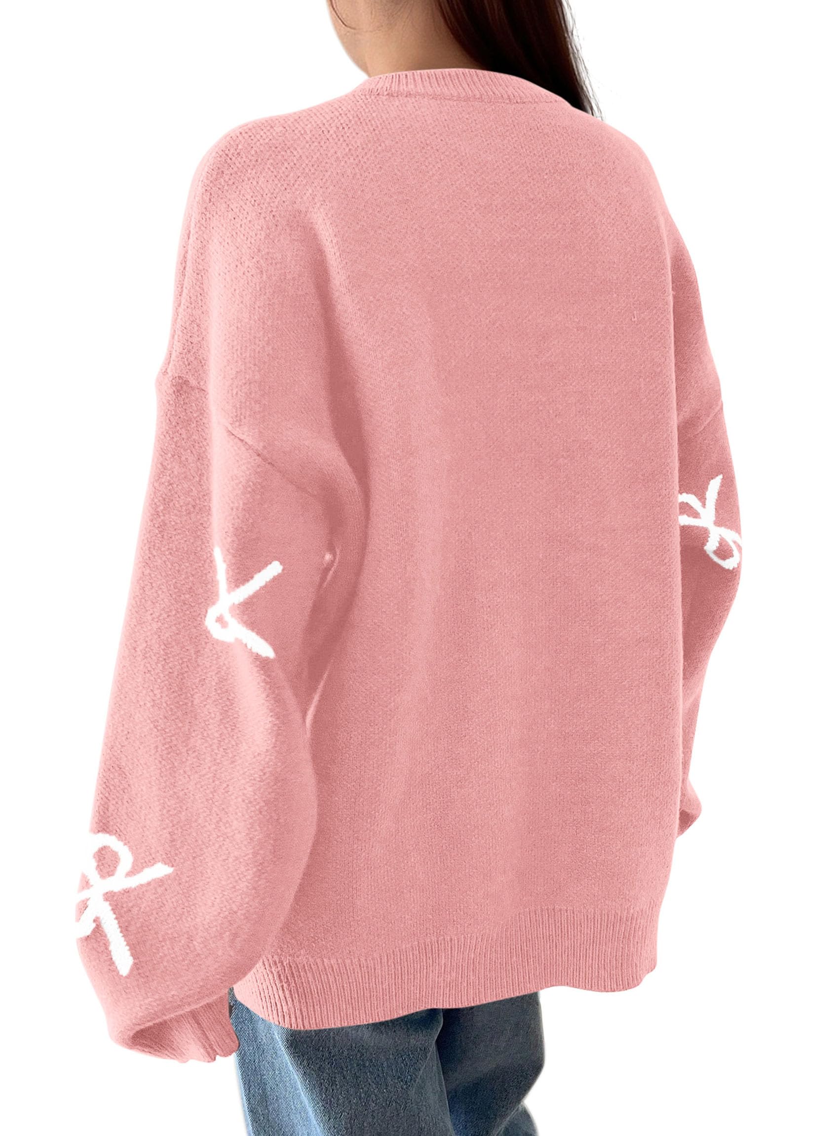 Fall Long Sleeve Pullover Sweaters for Women 2026 Trendy Crewneck Casual Cute Bow Chunky Knit Oversized Sweater (Light Pink,Large)
