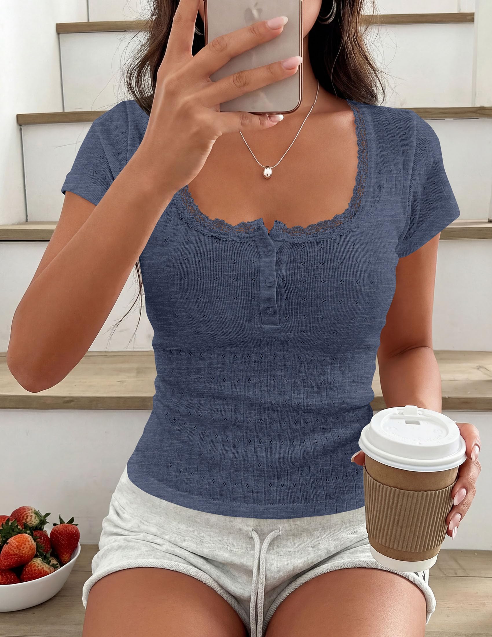 Womens Summer Lace Trim Short Sleeve Henley Top,Dusty Blue,S