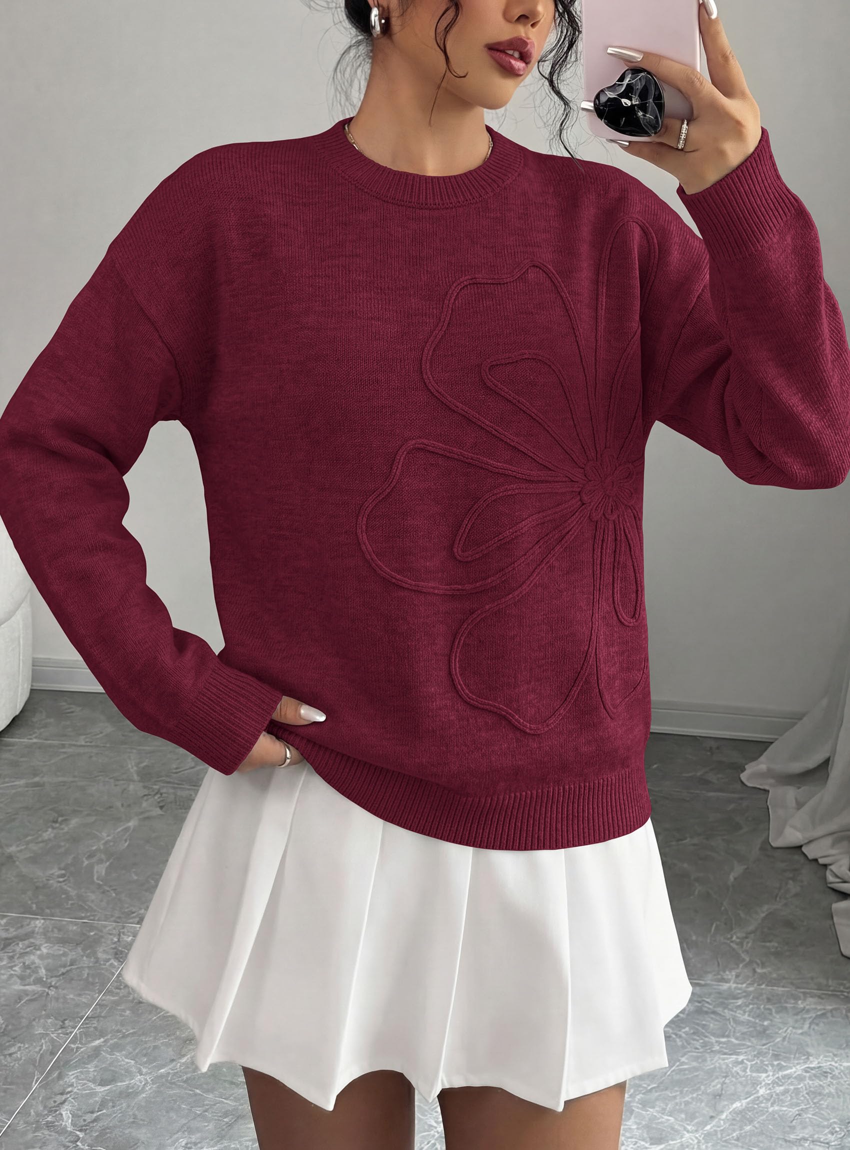 Sweaters for Women Fall Fashion Embroidered Floral Knit Tops