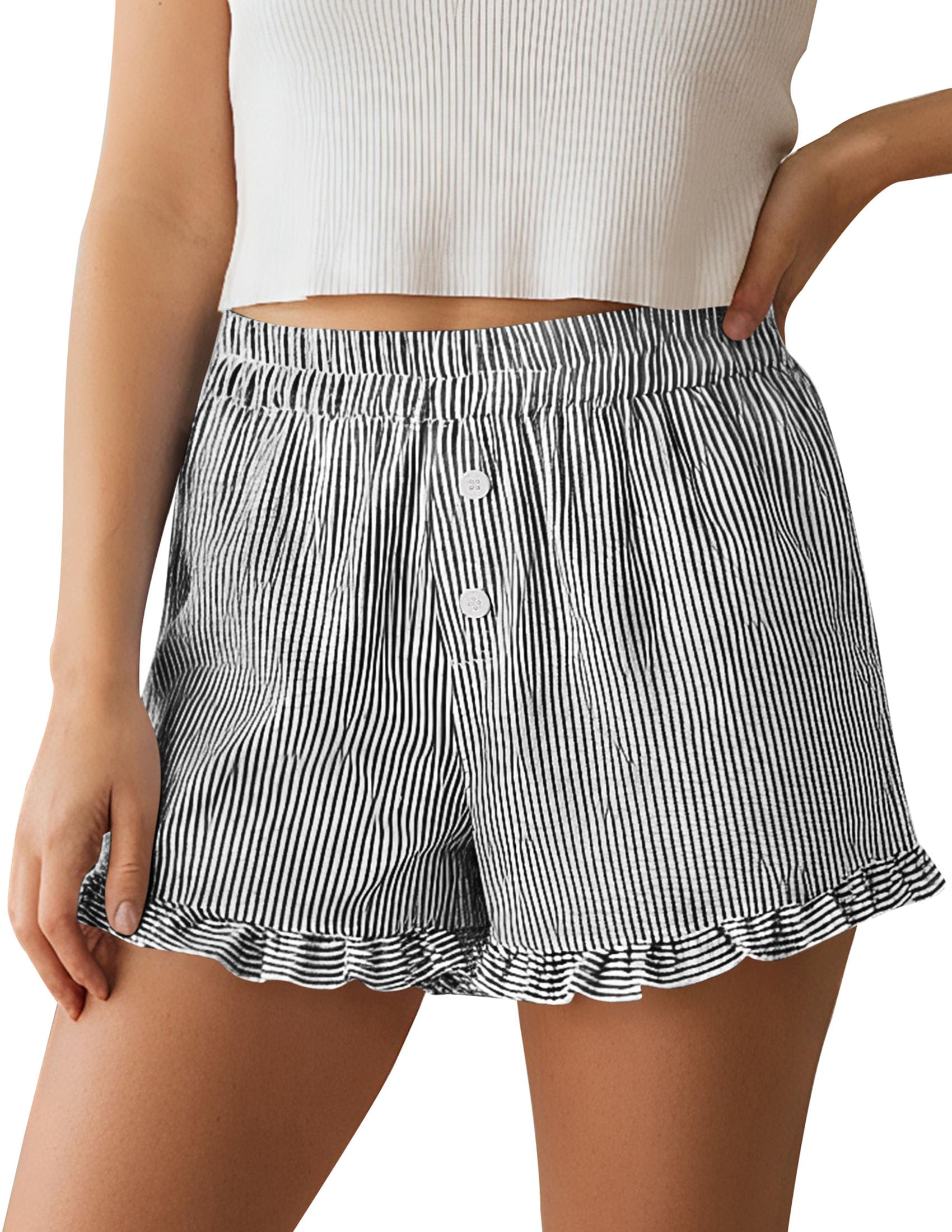Womens Boxer Shorts Striped Gingham Ruffle Pajama Bottoms
