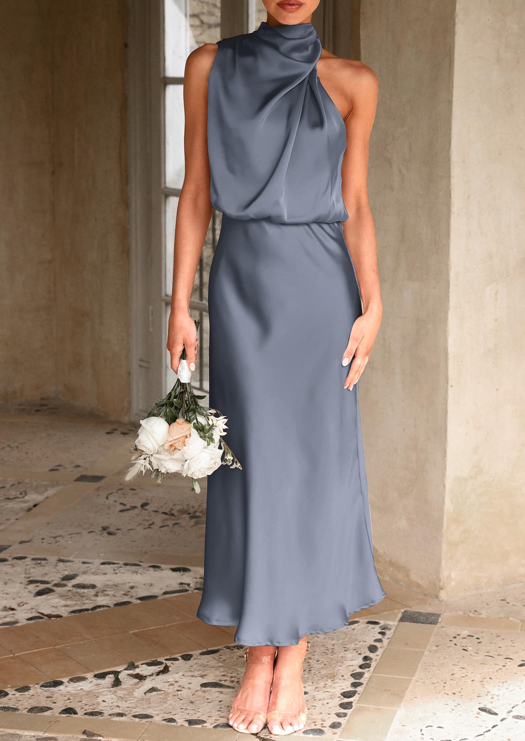 Women's Summer Satin Maxi Cocktail Dress Grey Blue