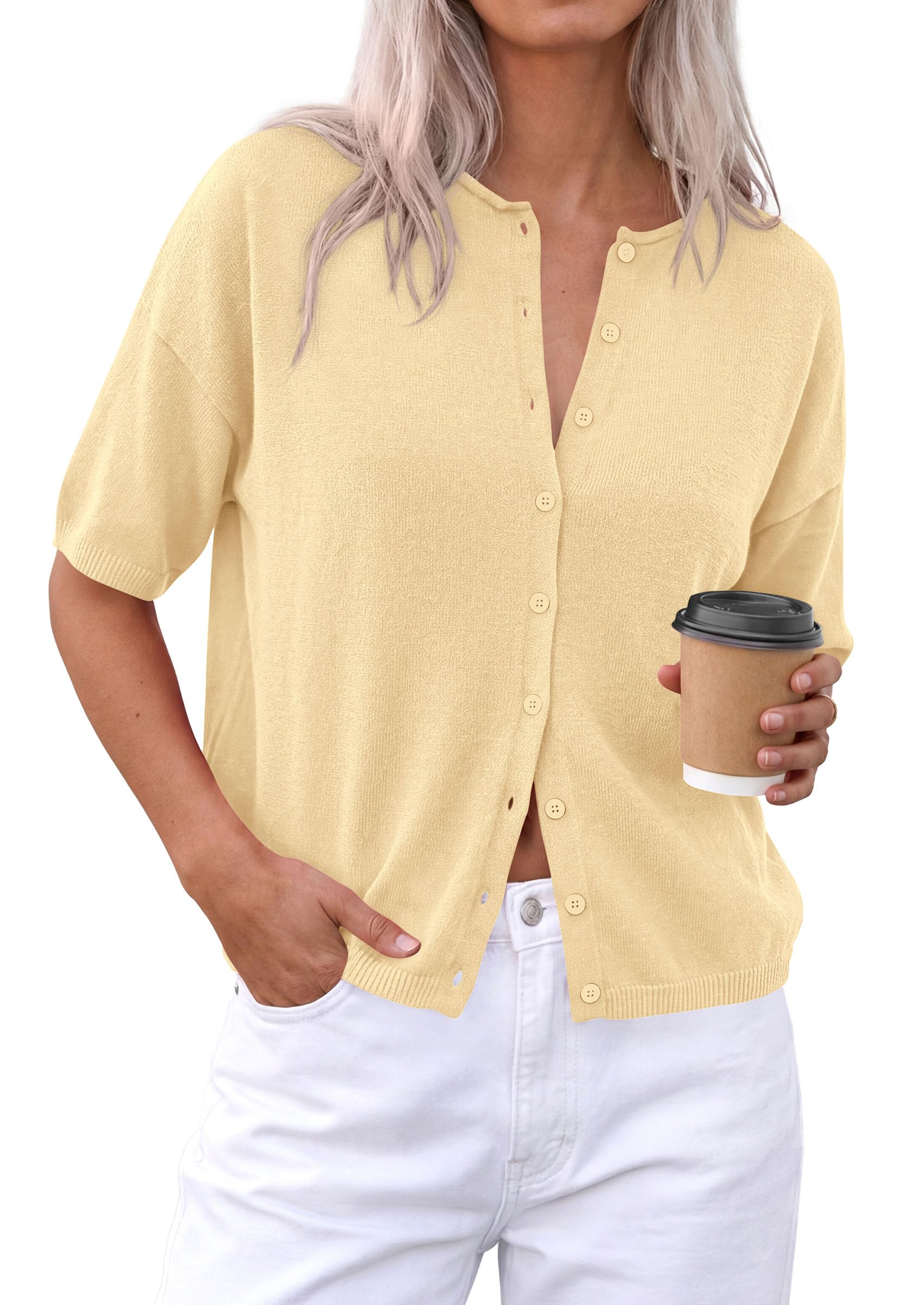 Women's Short Sleeve Cardigan Sweaters (Beige Yellow,Small)