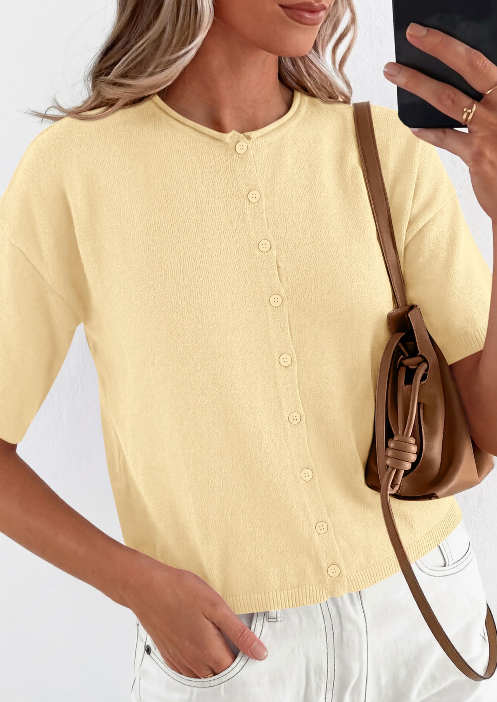 Women's Short Sleeve Cardigan Sweaters (Beige Yellow,Small)