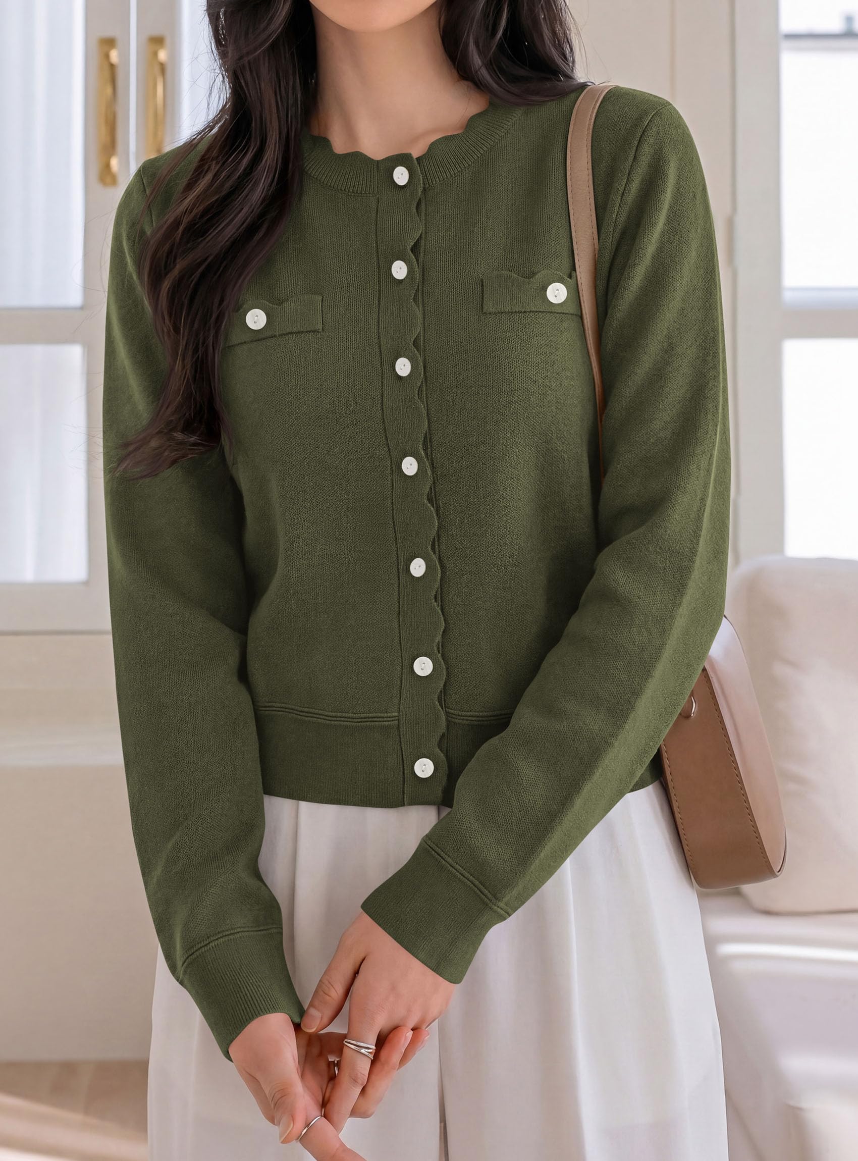 Womens Lightweight Cardigan Sweaters Scalloped Trim Fall Tops