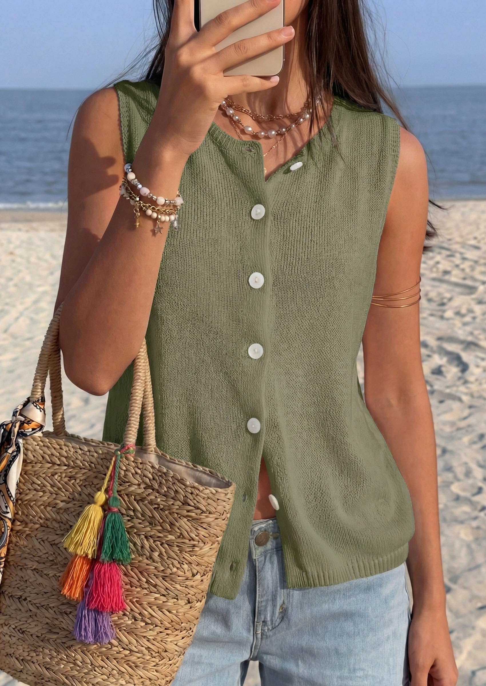 Women's Summer Button Up Sweater Vest Tops,Army Green,S
