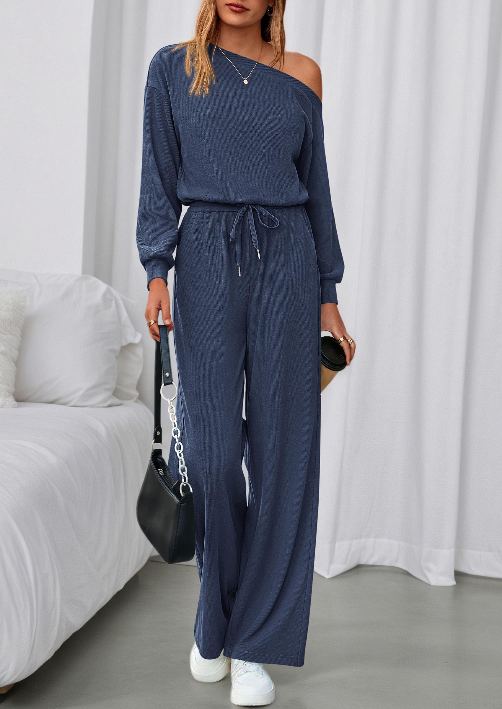 Womens Off Shoulder Long Sleeve Jumpsuit,Navy,M