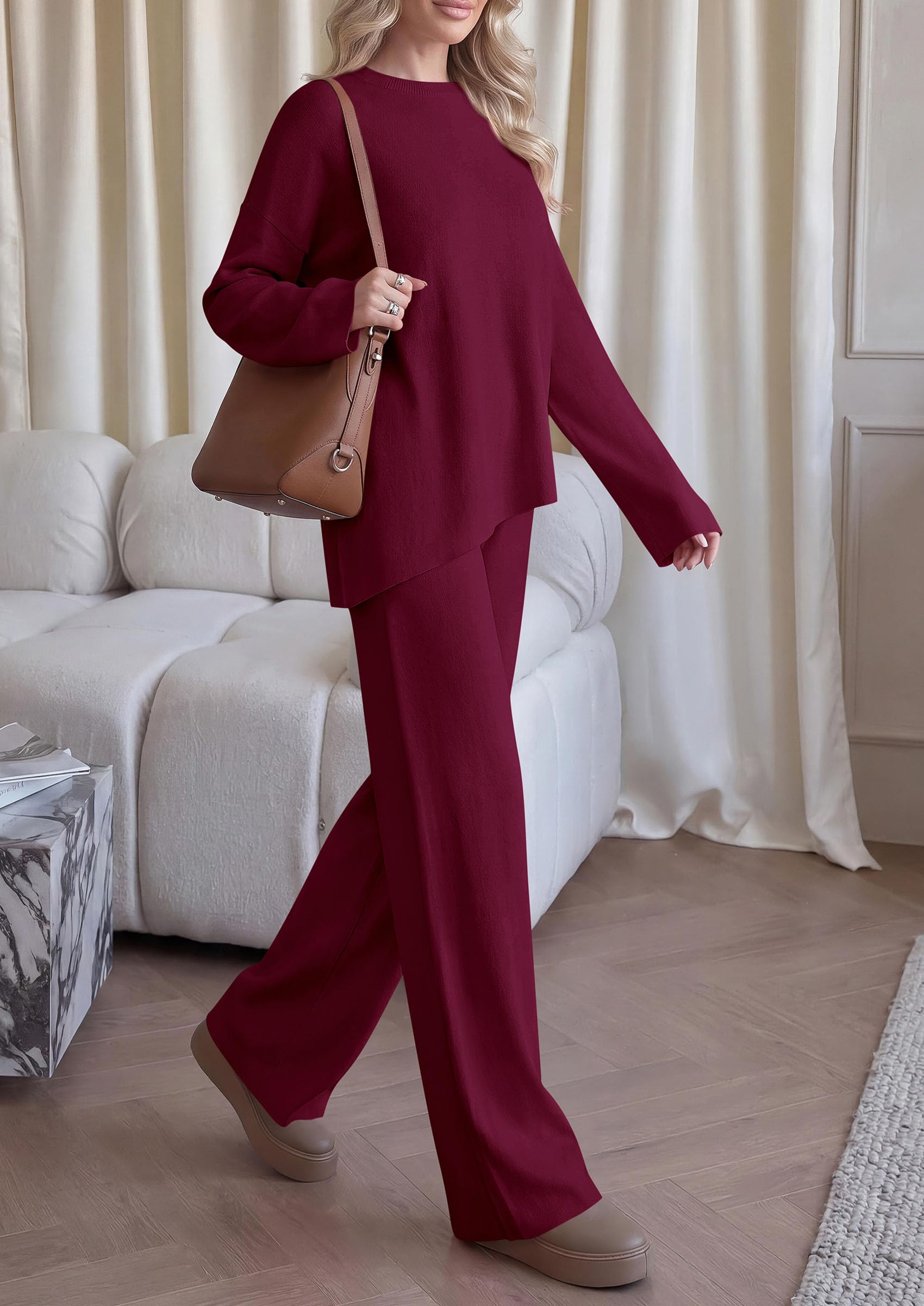 Womens Fall 2 Piece Asymmetric Cozy Sweater Travel Lounge Sets
