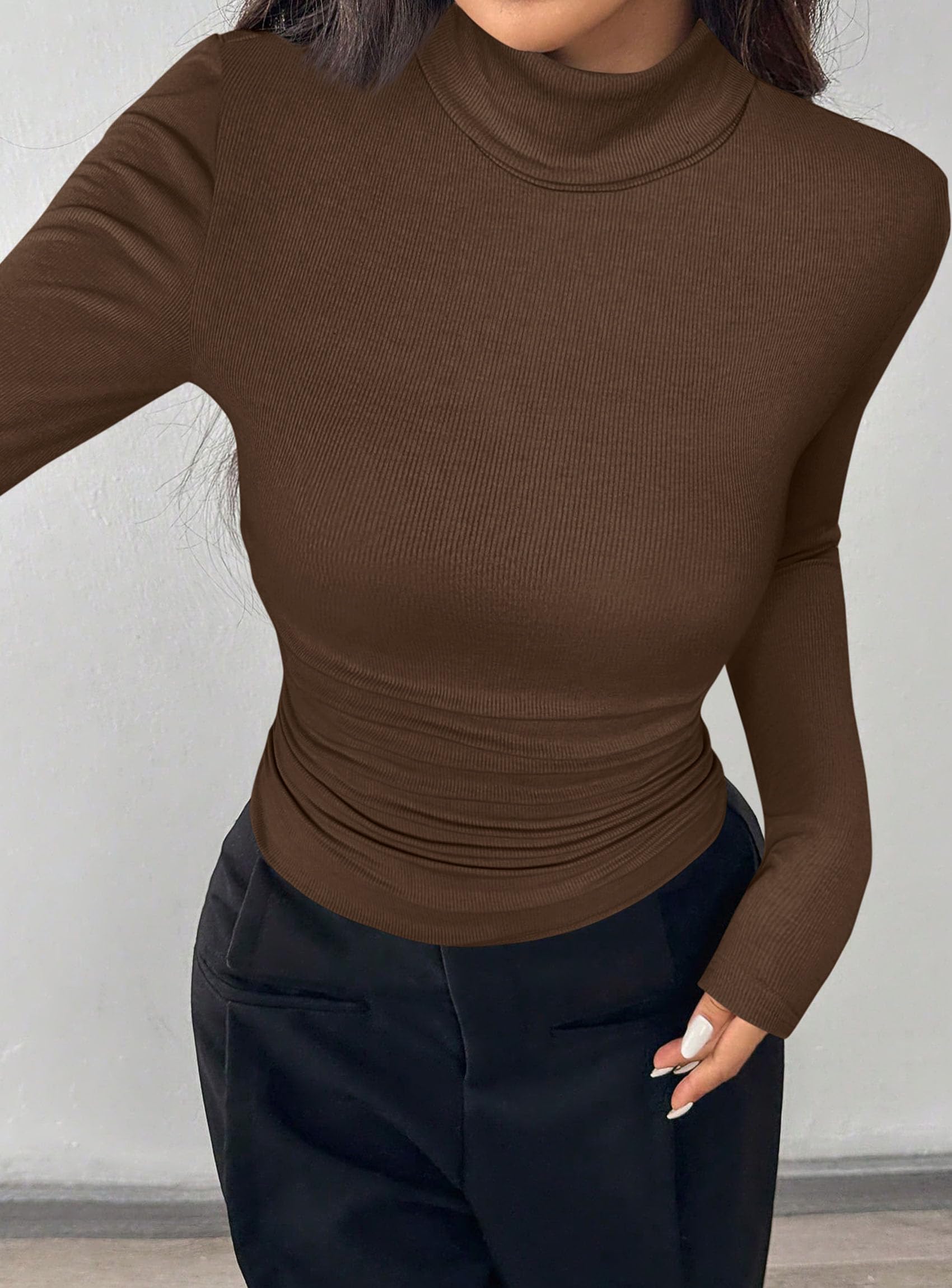 Turtleneck Tops for Women Long Sleeve Shirts, Brown, XS