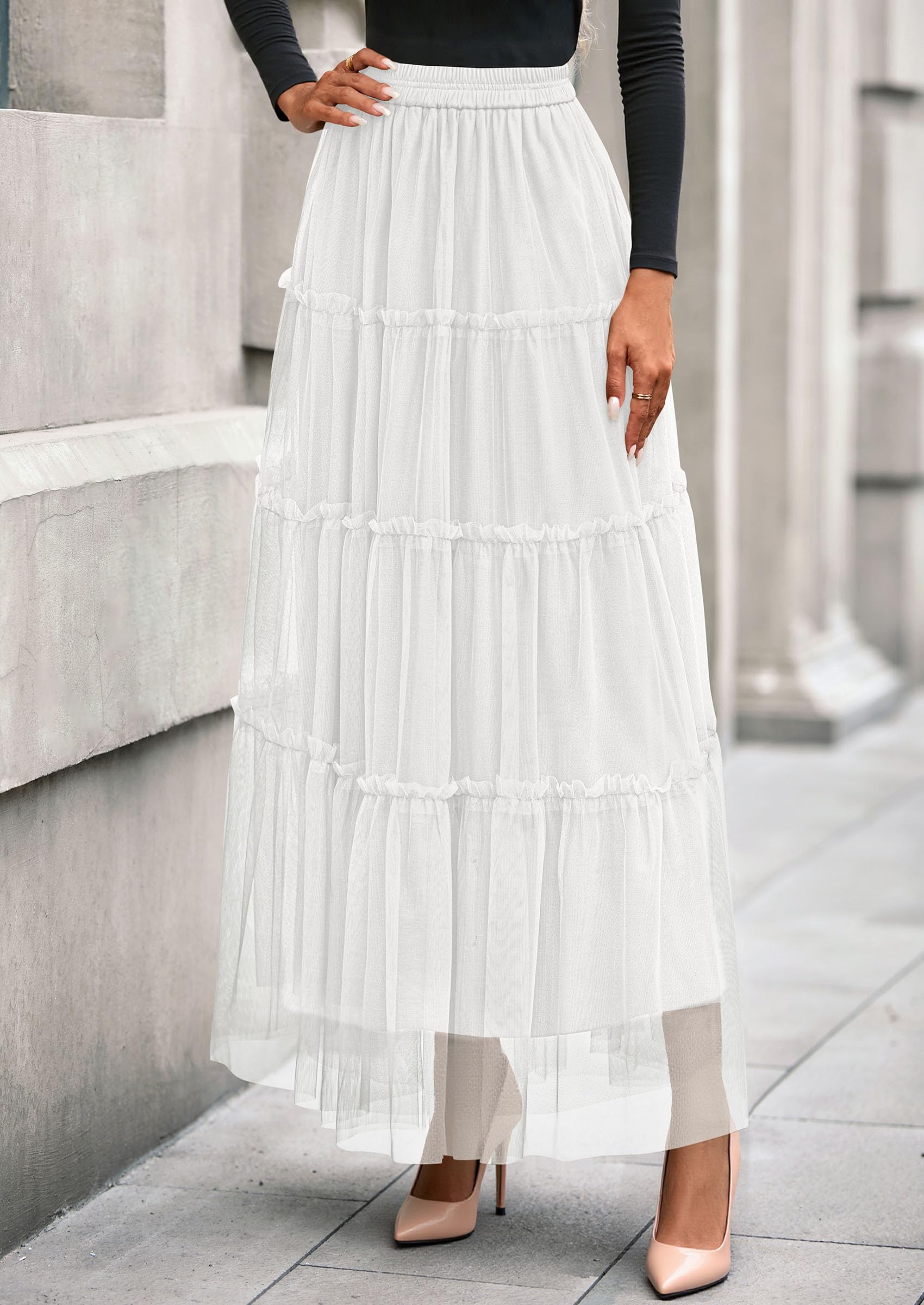 Women's Fall Soft Tulle Tiered Long Skirt,White,S