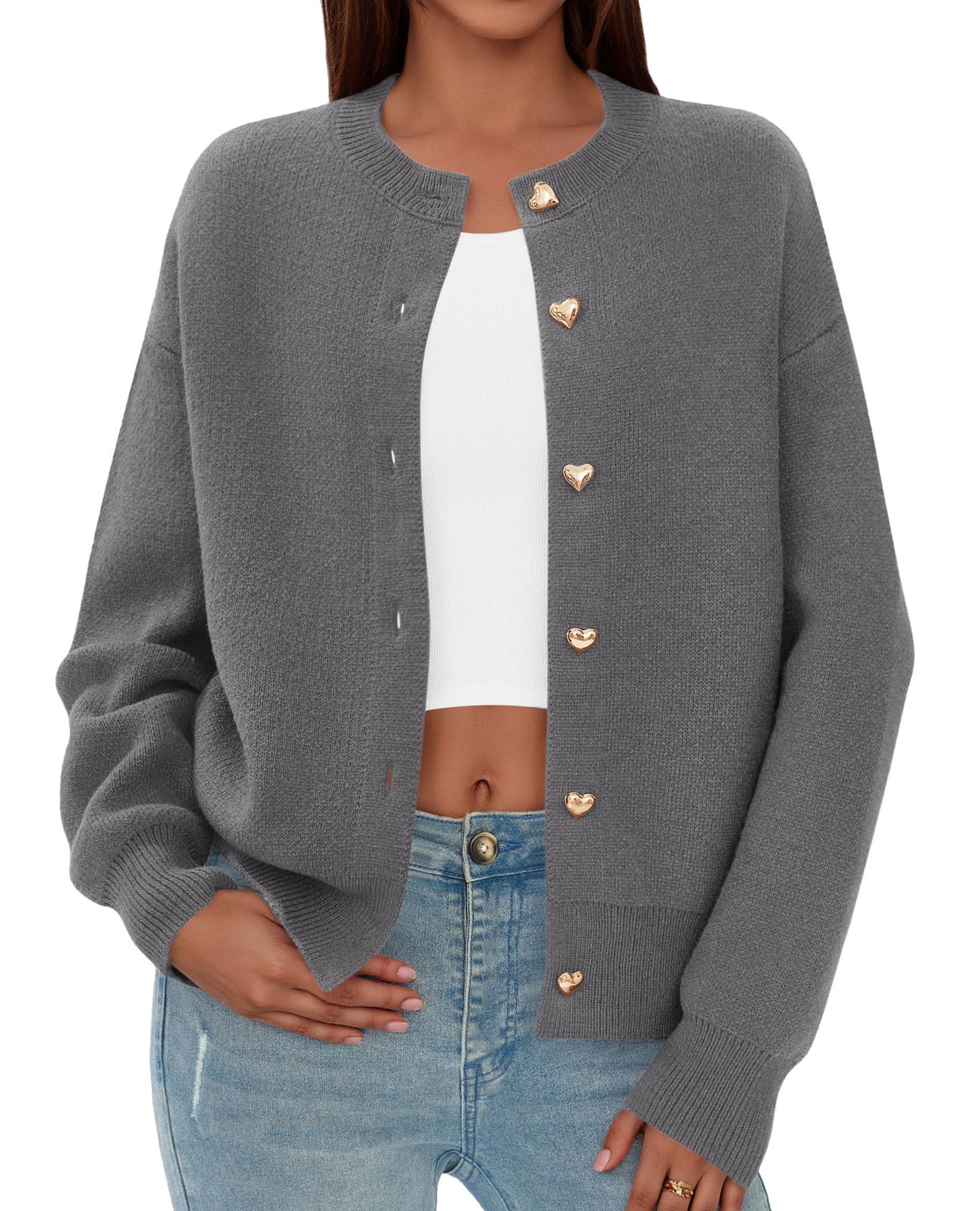 Women's Long Sleeve Button Up Cardigan,Grey,S