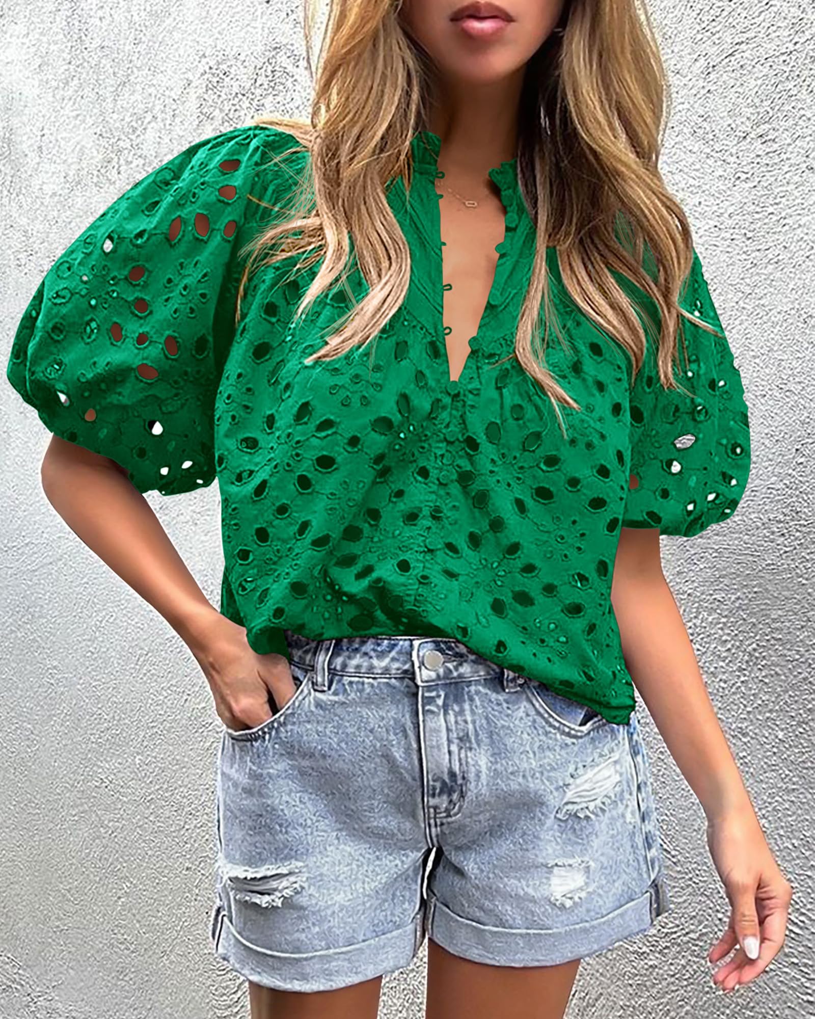 Womens Tops Boho Eyelet Puff Sleeve Blouse, Dark Green,S
