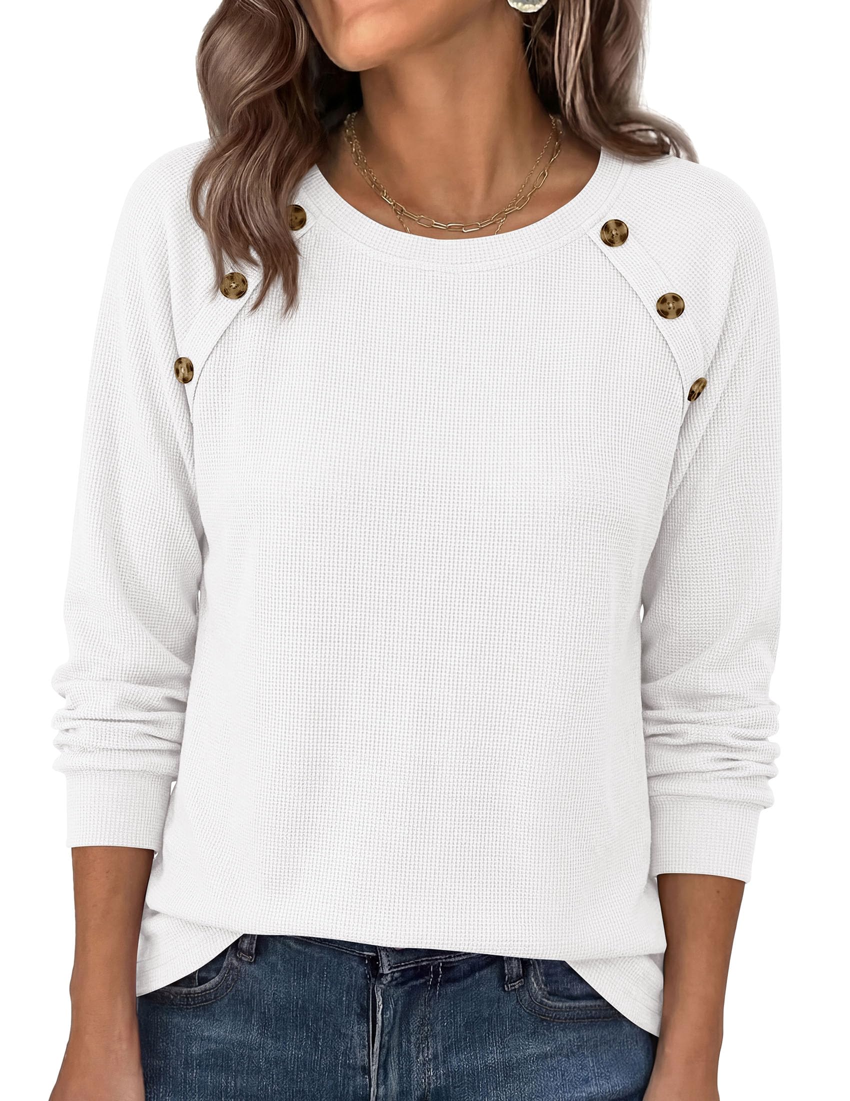 Fall Long Sleeve Waffle Knit Shirts for Women Loose Tunic Tops