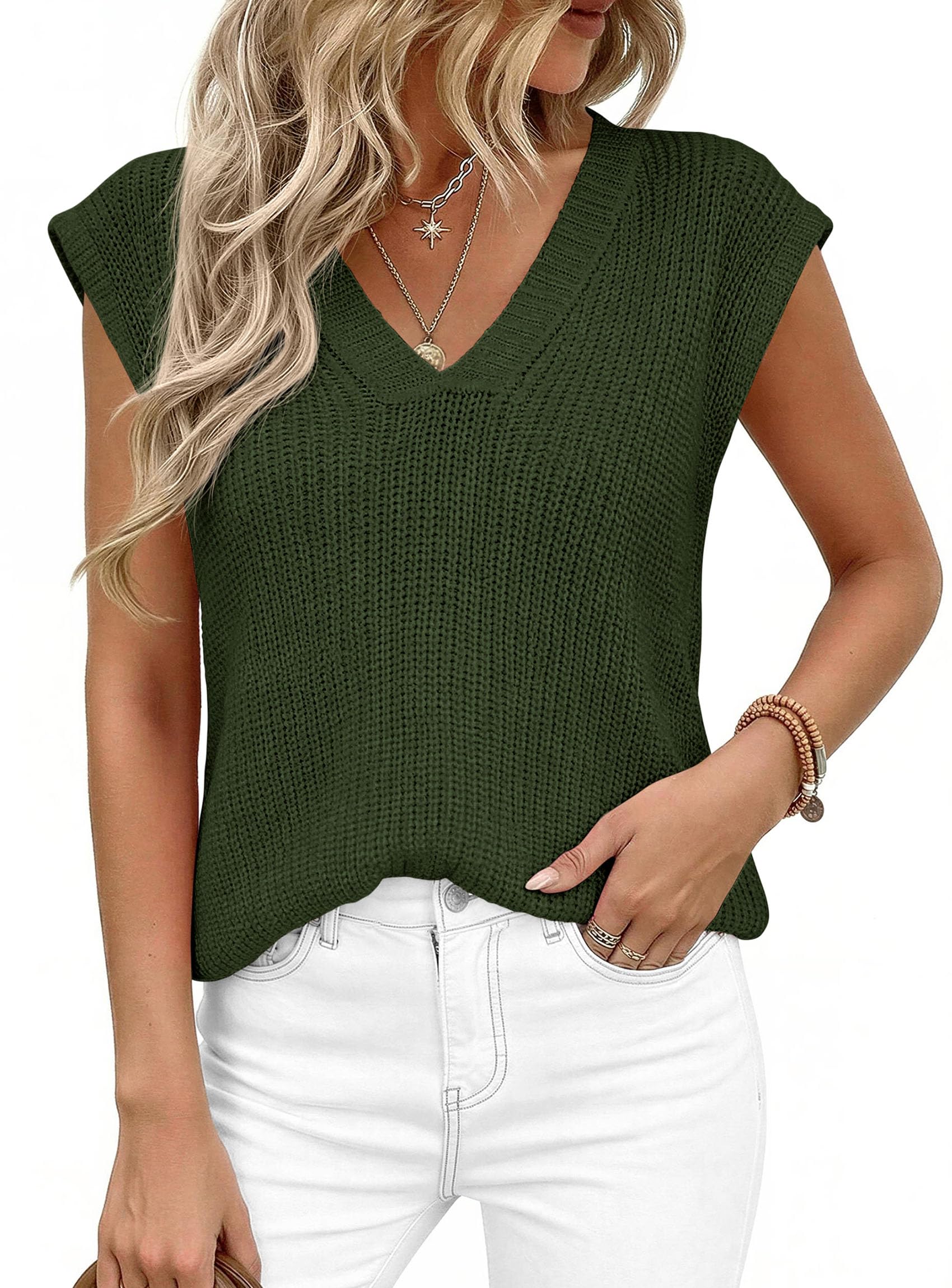 Women's Cap Sleeve Sweaters Vest Summer Tops (Army Green,S)