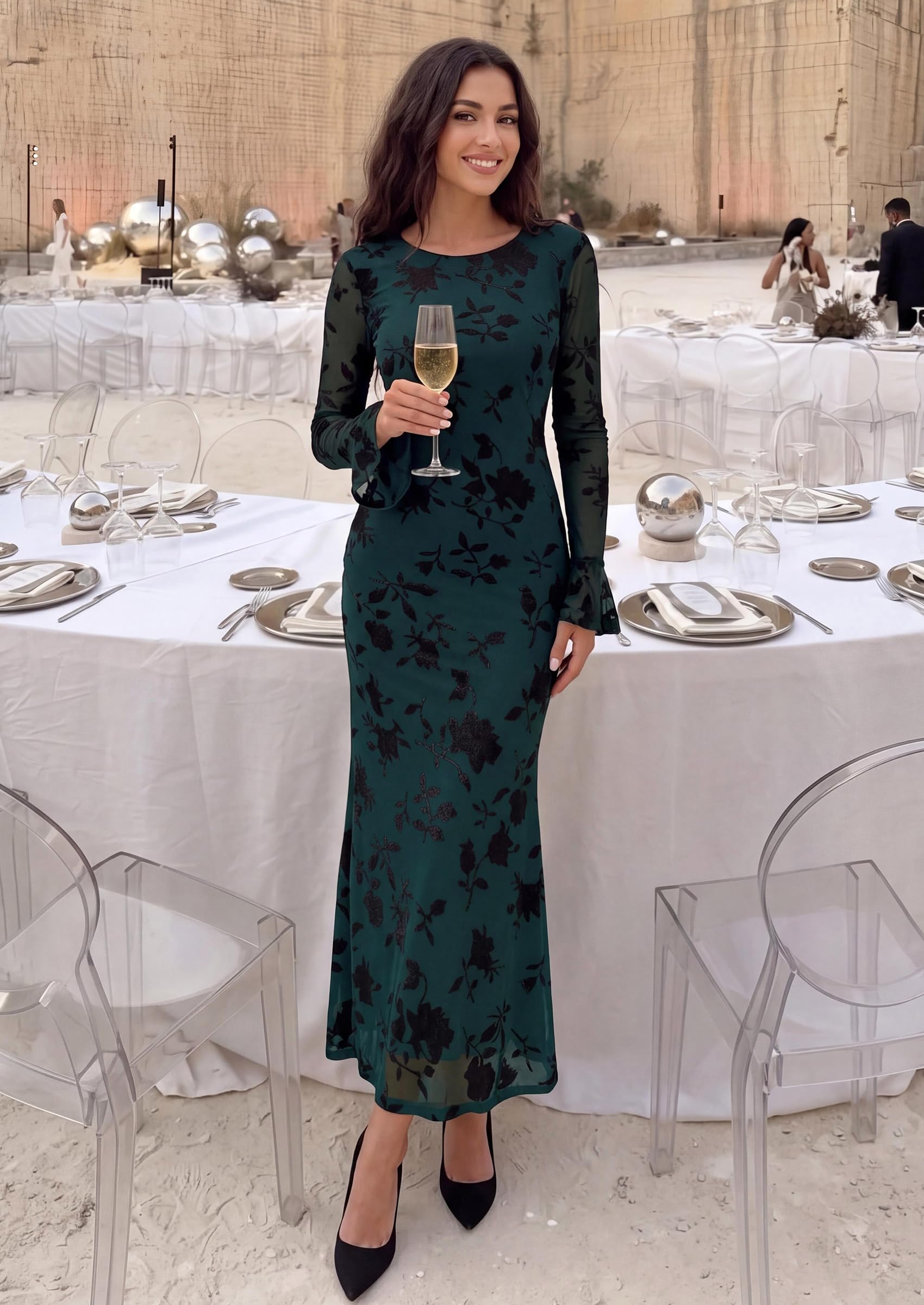 Women's Long Sleeve Maxi Floral Mesh Fall Wedding Guest Dress