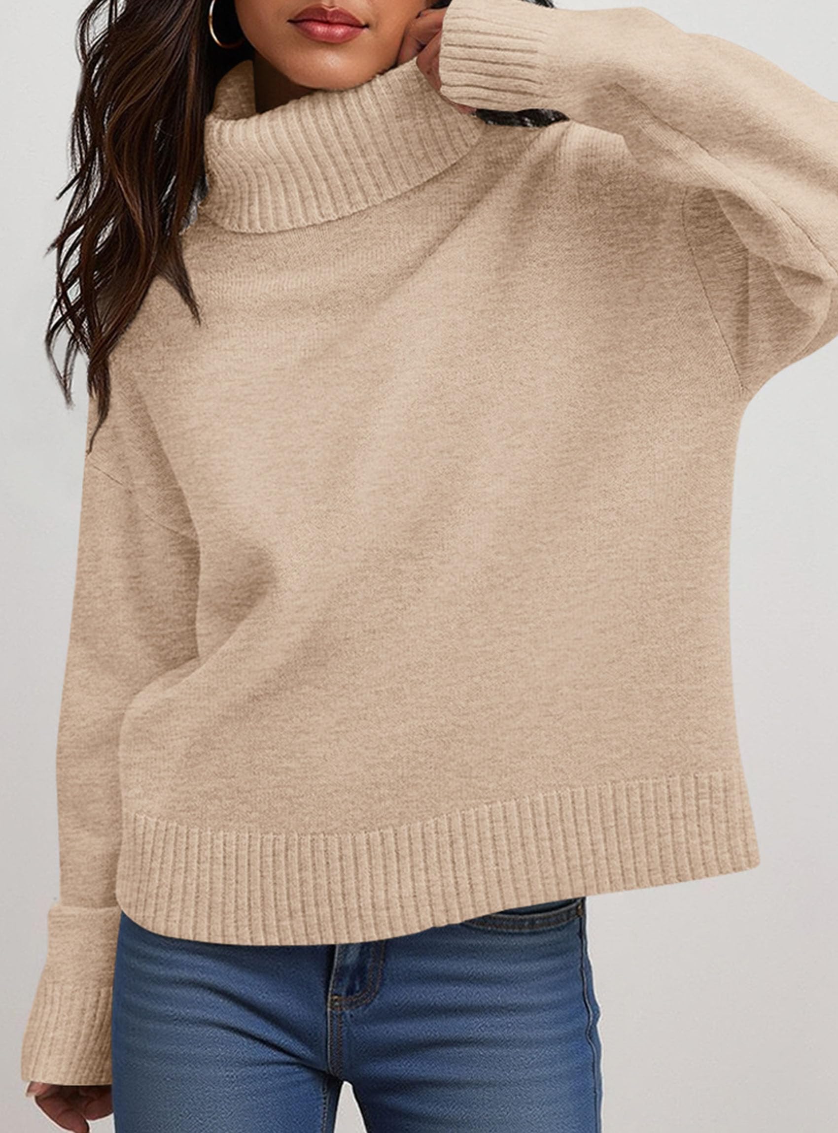 Womens Turtleneck Long Sleeve Knit Sweater,Khaki,M