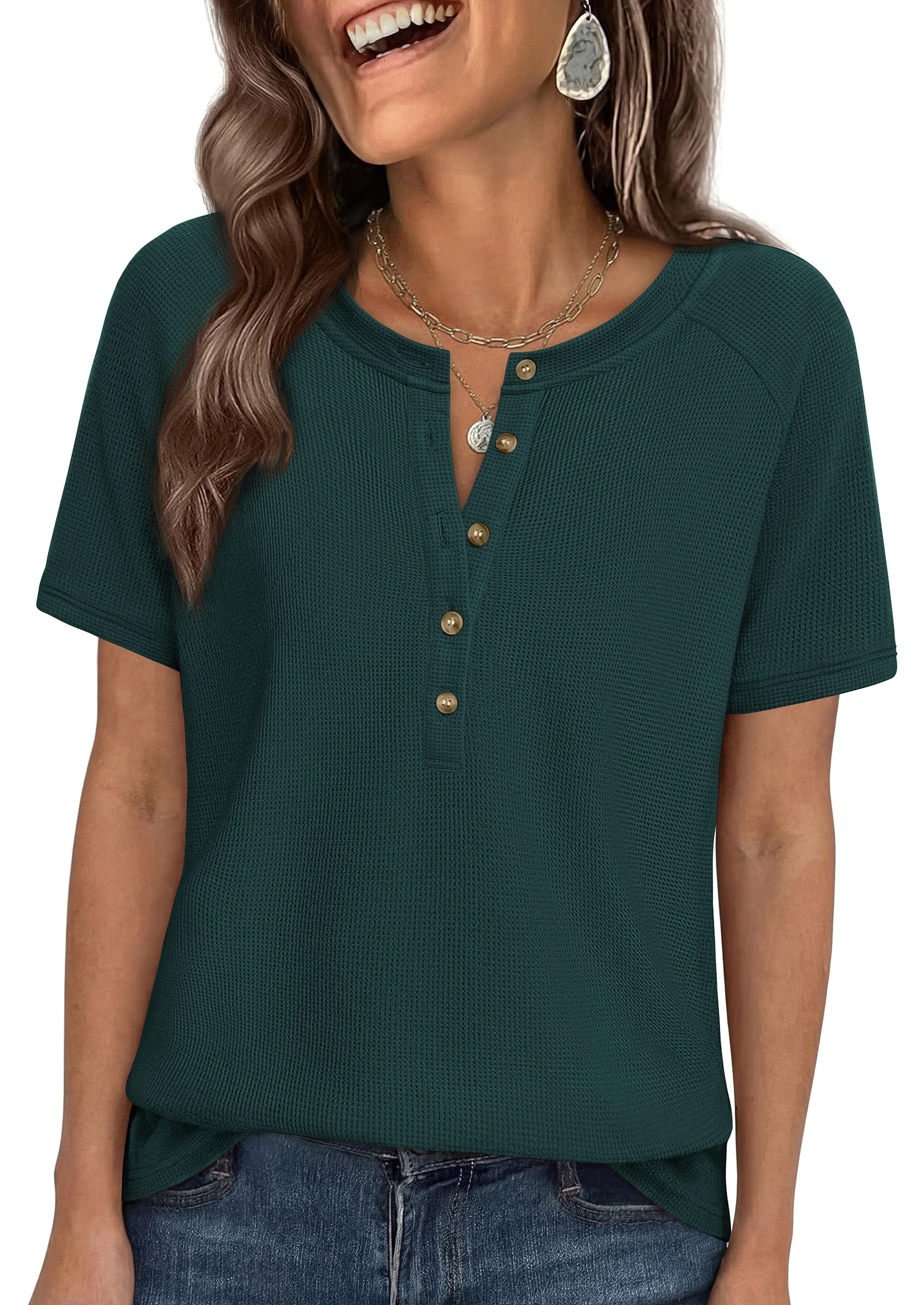 Women's Short Sleeve Waffle Knit Henley Shirts, Dark Green,S