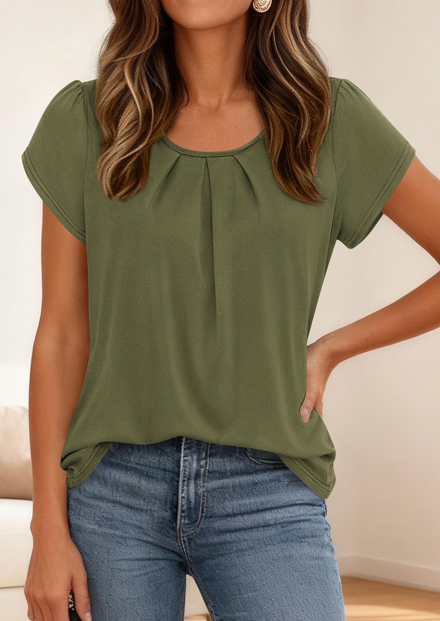 Women's Summer Short Sleeve Tops Casual Blouses,Army Green,S