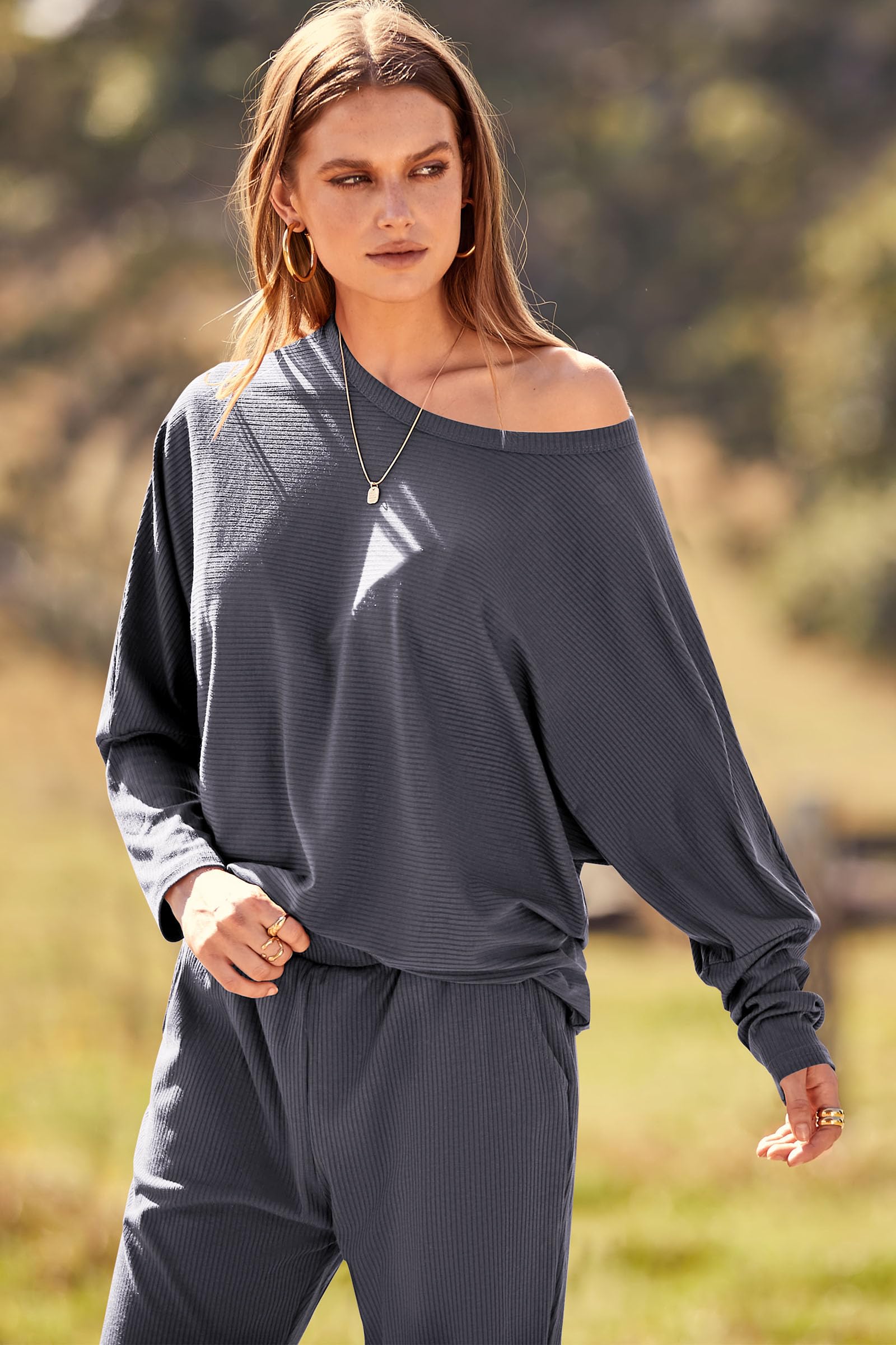 Women's 2 Piece Fall Outfits Matching Ribbed Knit Lounge Sets