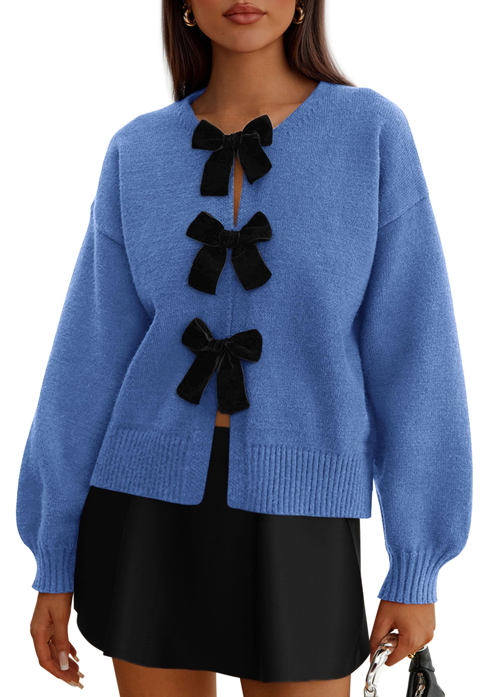 Women's Fall Bow Tie Front Cardigan Sweaters,Blue,S