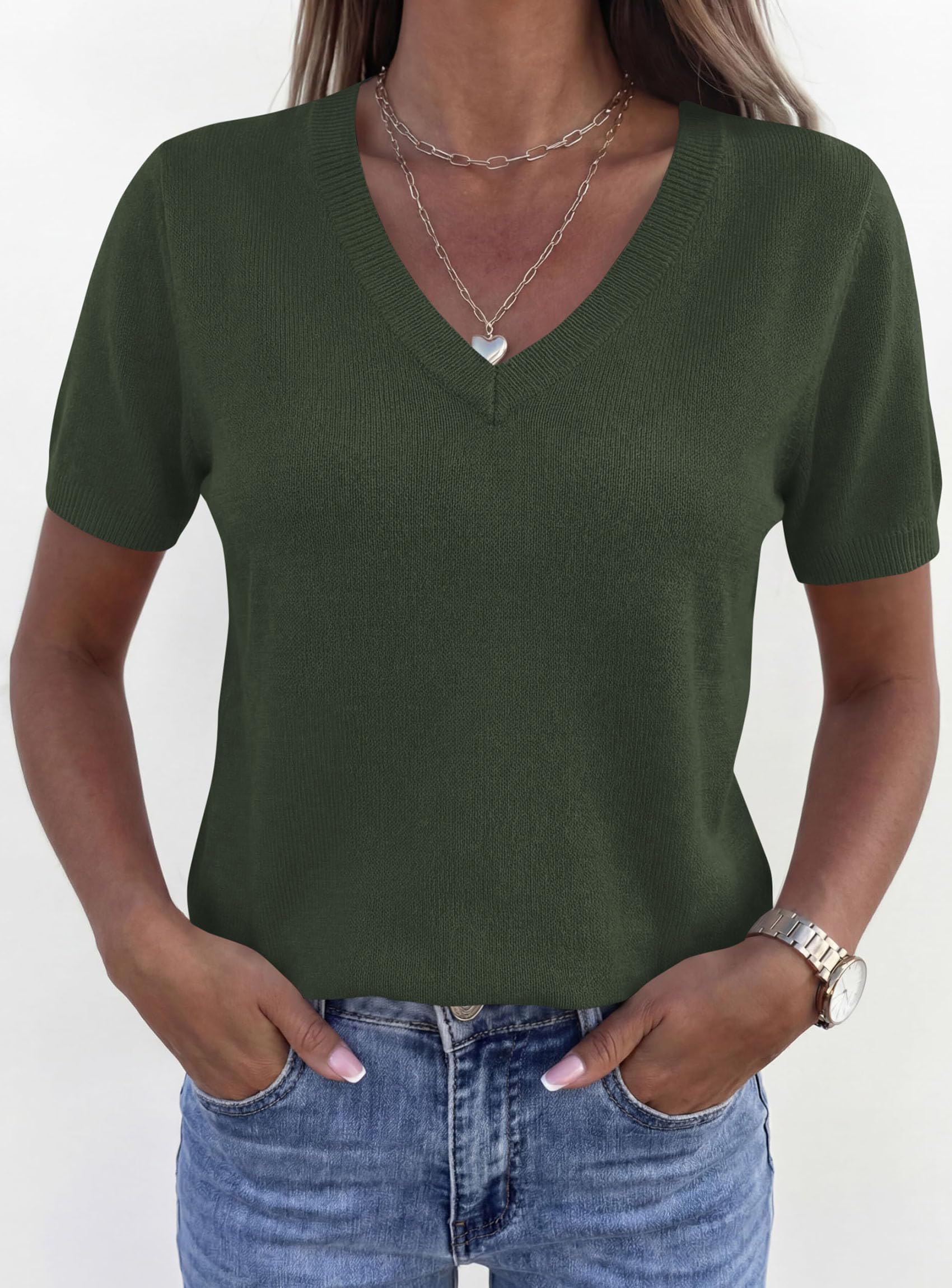 Womens Short Sleeve Sweater V Neck Tops,Army Green,S