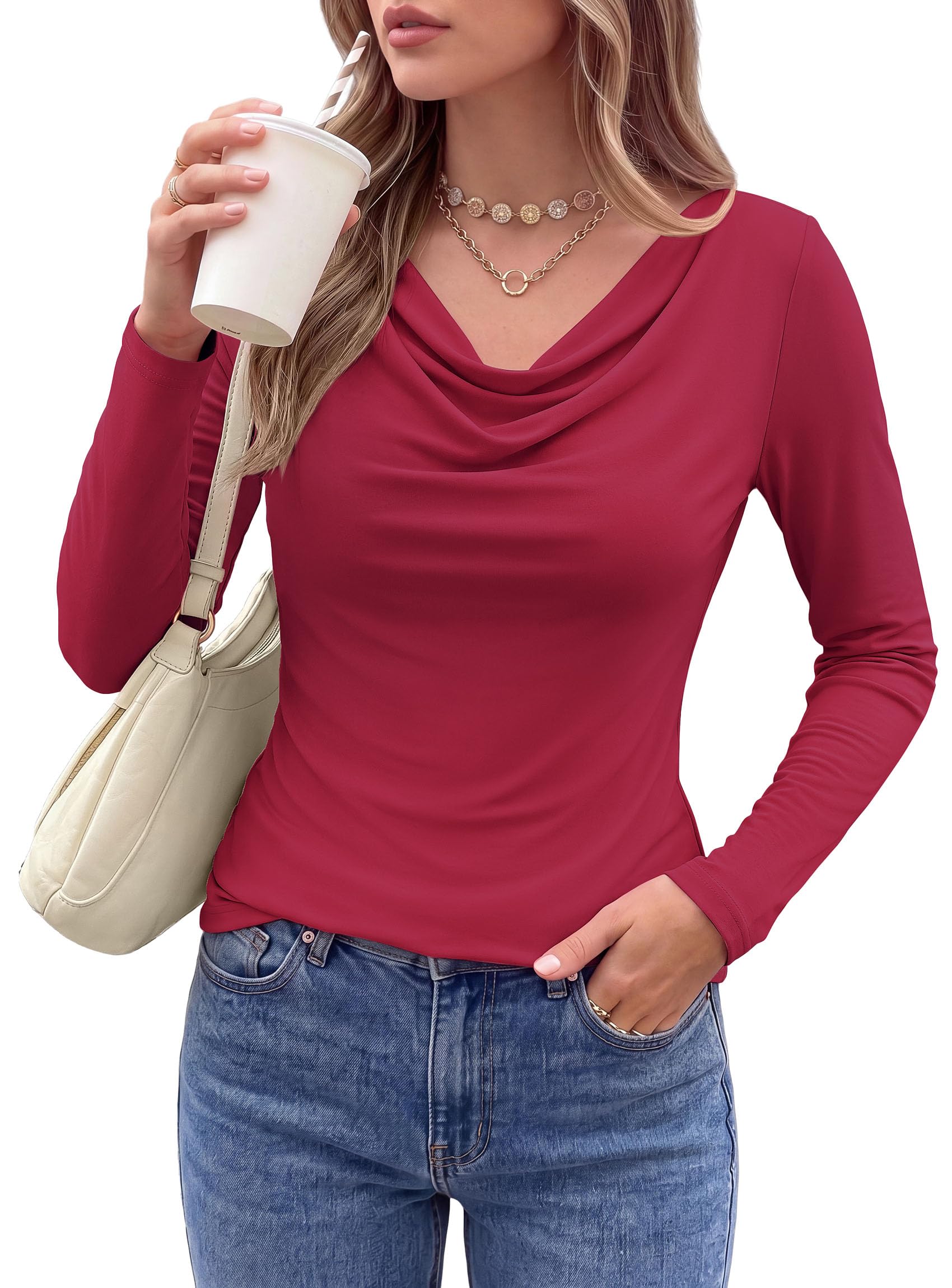 Cowl Neck Tops for Women Fashion Long Sleeve Shirt Burgundy