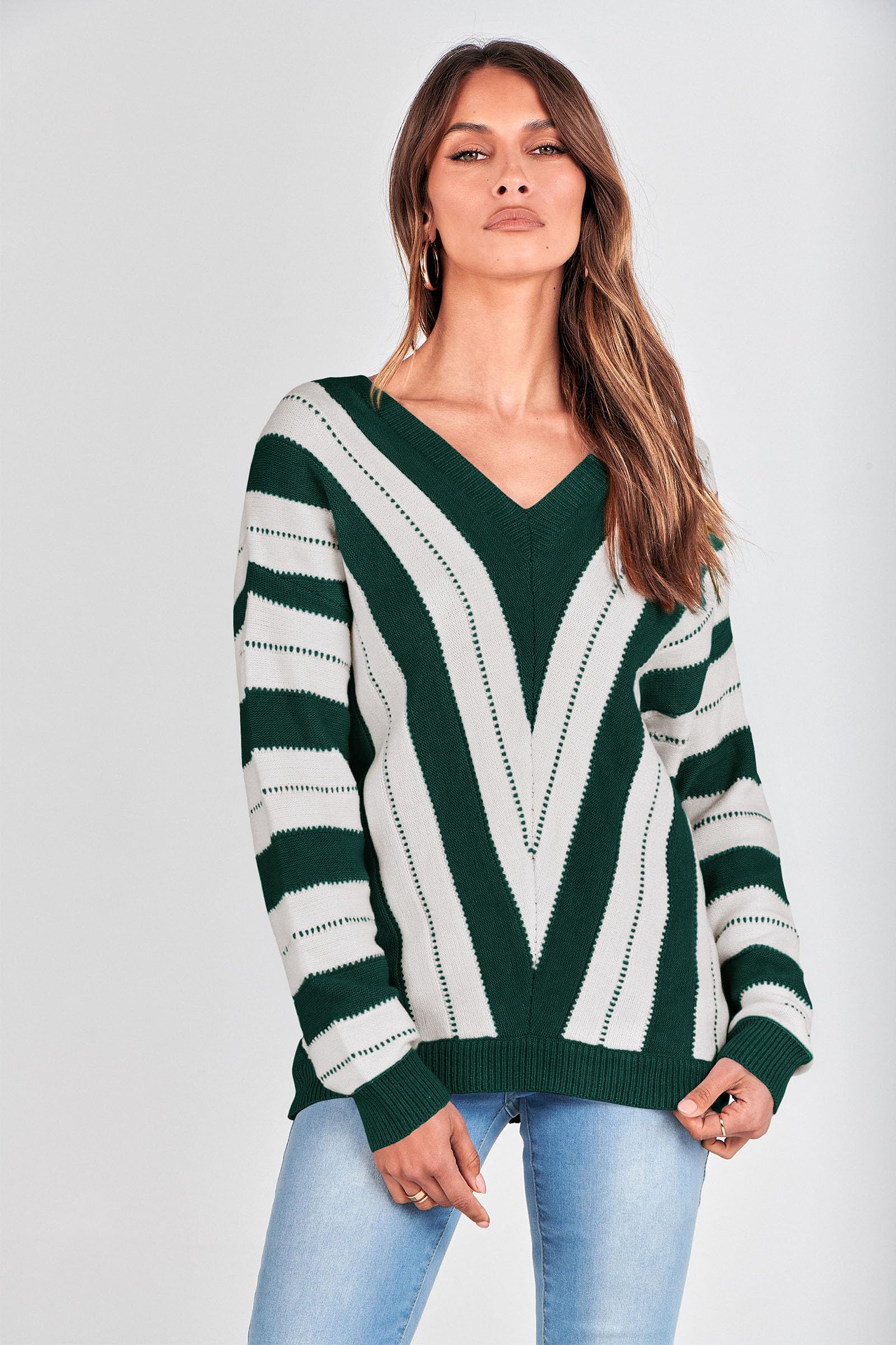 Women's V Neck Striped Knit Pullover Sweater