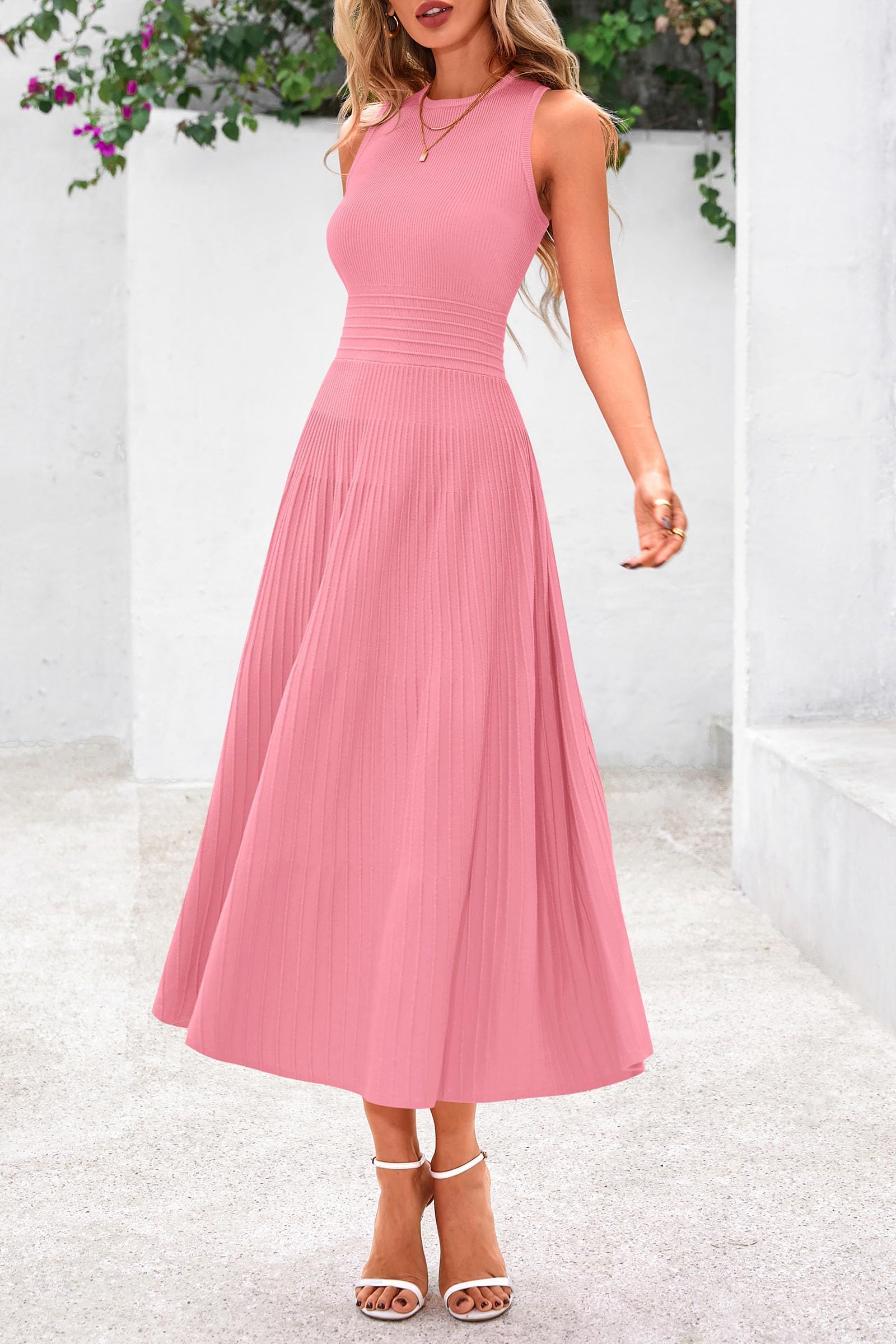 Spring Casual Dresses for Women 2025 Summer Business Work Midi Sleeveless A Line Pleated Cocktail Dress(Pink,Small)