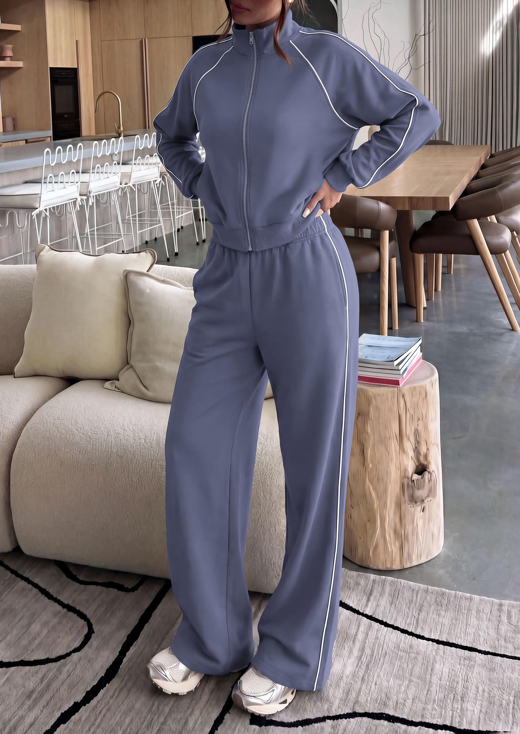 Women's 2 Piece Sweat Set Casual Fall Outfits,Grey Blue,S