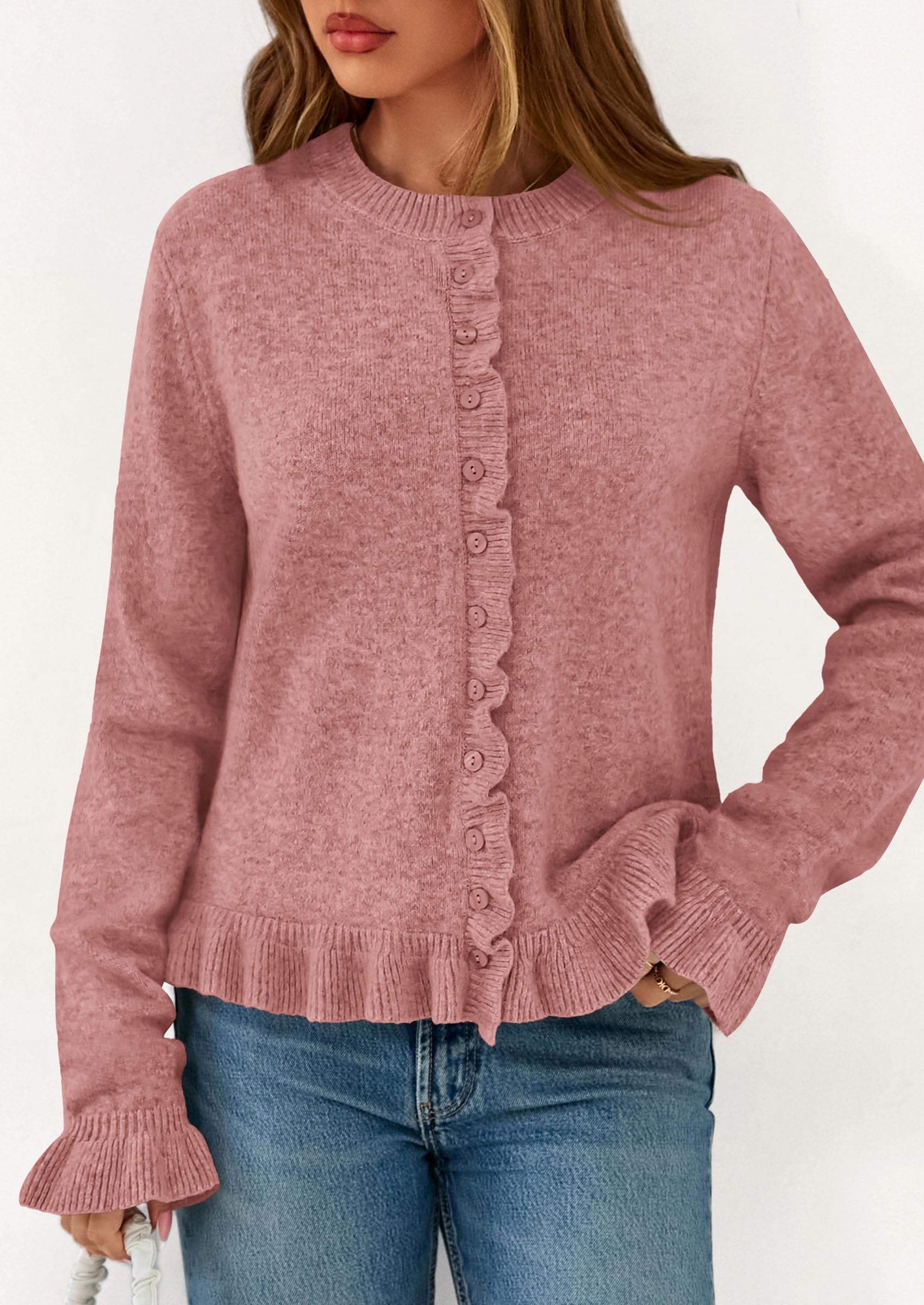 Womens Ruffle Button Down Cardigan Sweaters,Grey Pink,S