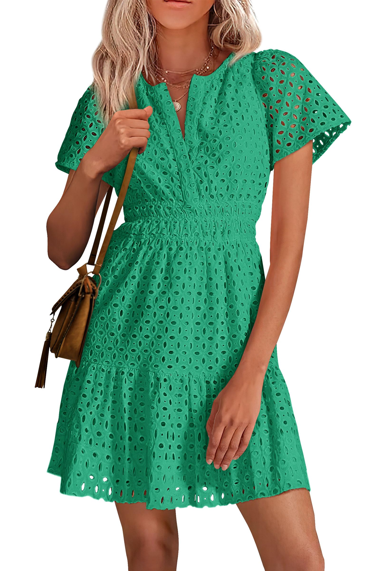Women's Summer Eyelet Lace Short Dresses (Green,S)