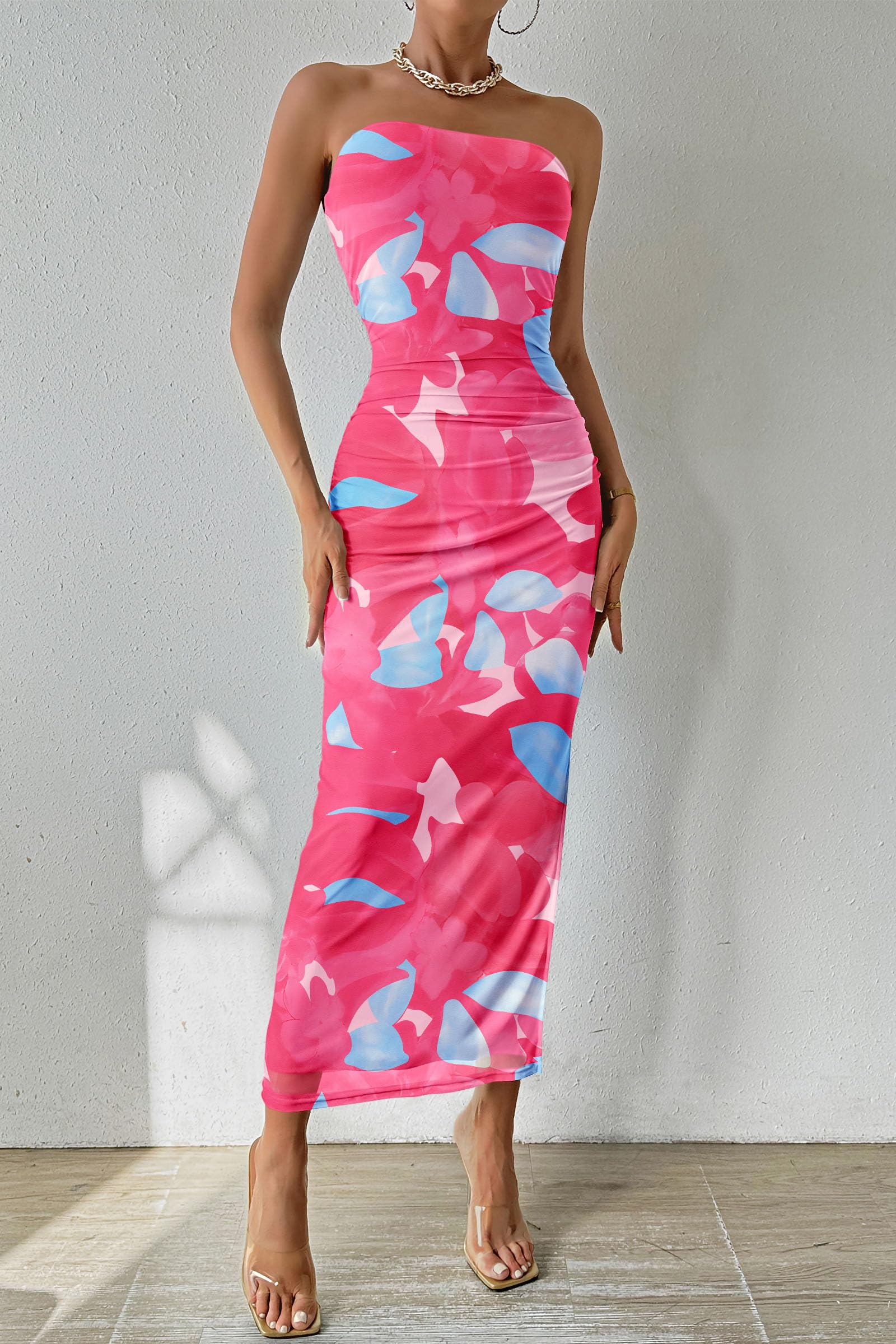Womens Strapless Bodycon Maxi Dress, Floral Rose Red,S