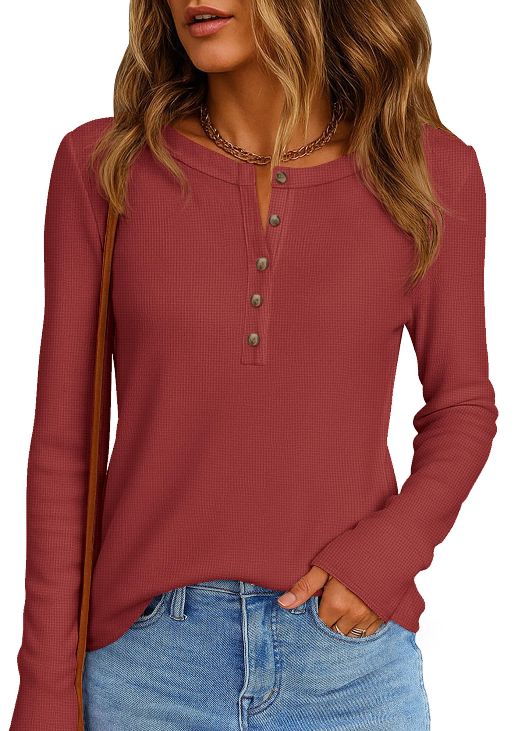 Women's Long Sleeve Waffle Knit Henley Shirts Loose Tunic Tops