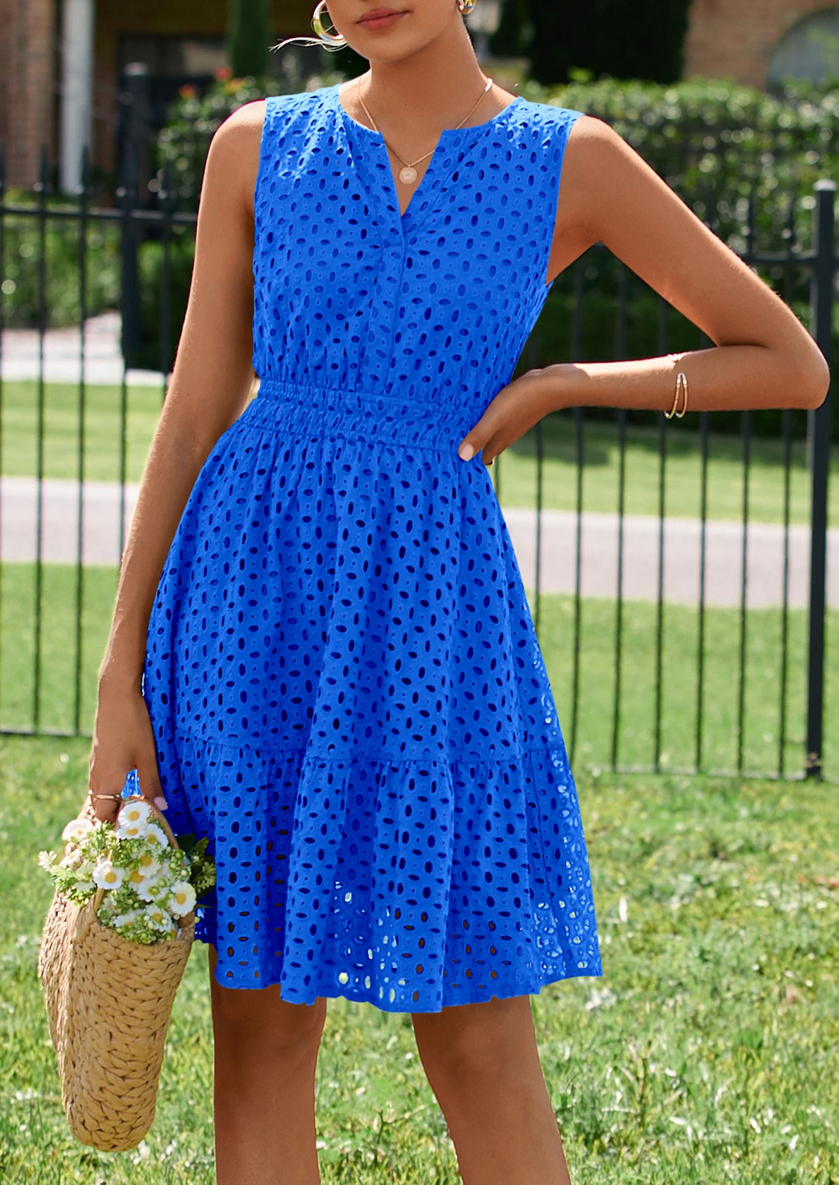 Women's Summer Eyelet A Line Short Dresses,Blue,L