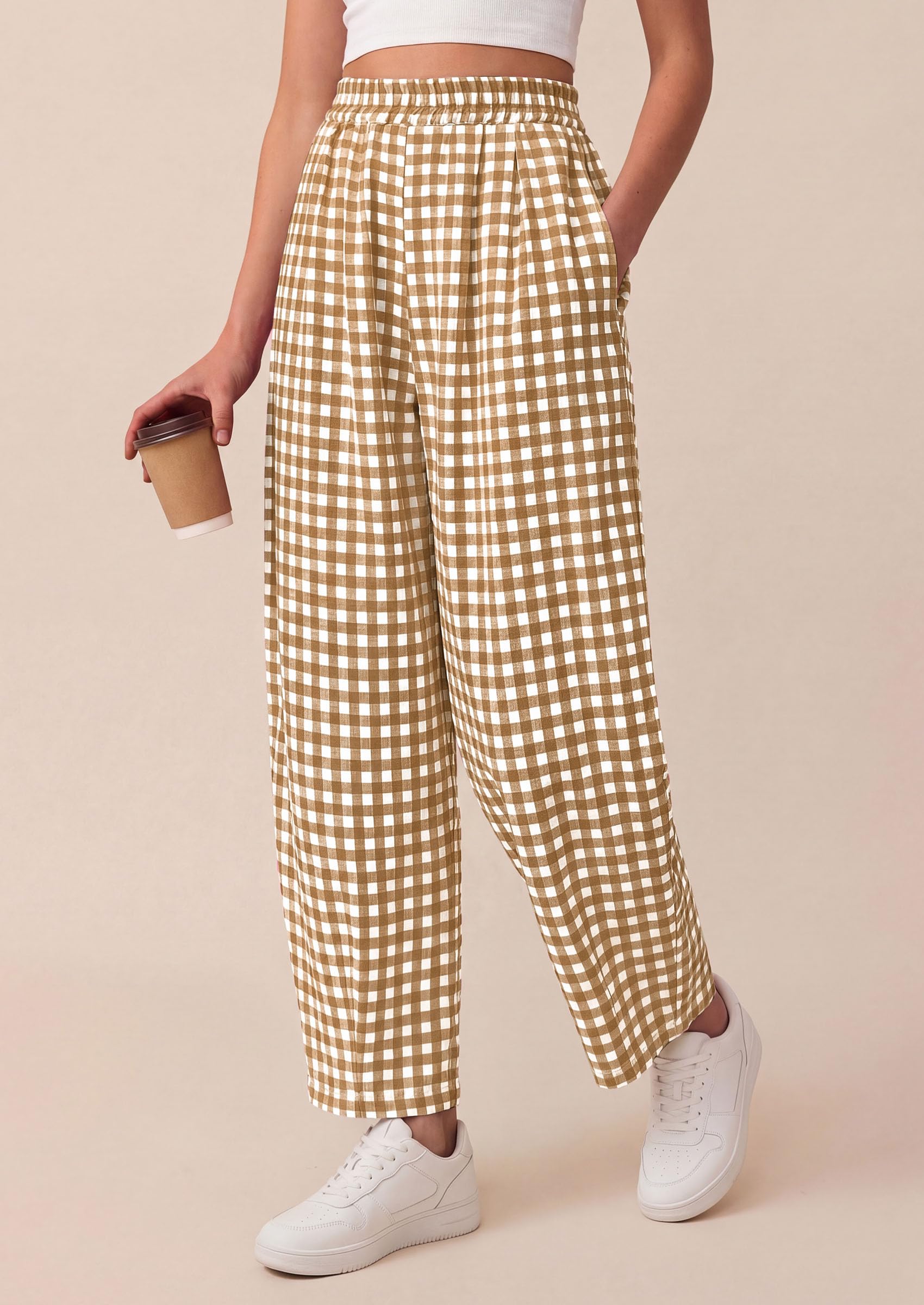 Plaid Barrel Pants Women Summer Bottoms, Khaki Plaid,S