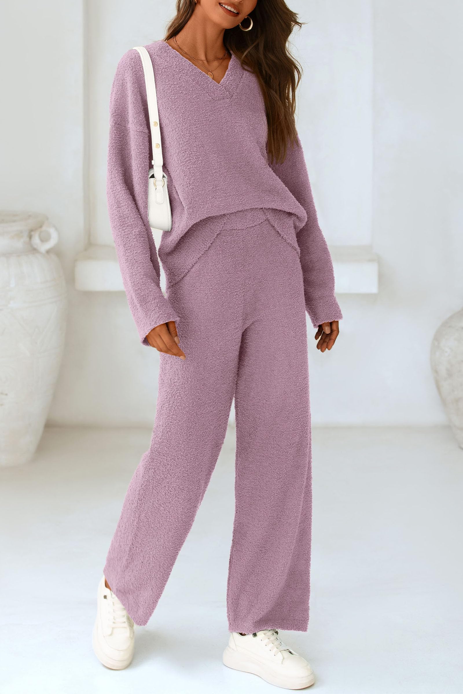 Lounge Sets for Women Fall 2 Piece Fuzzy Sweater Pajama Set