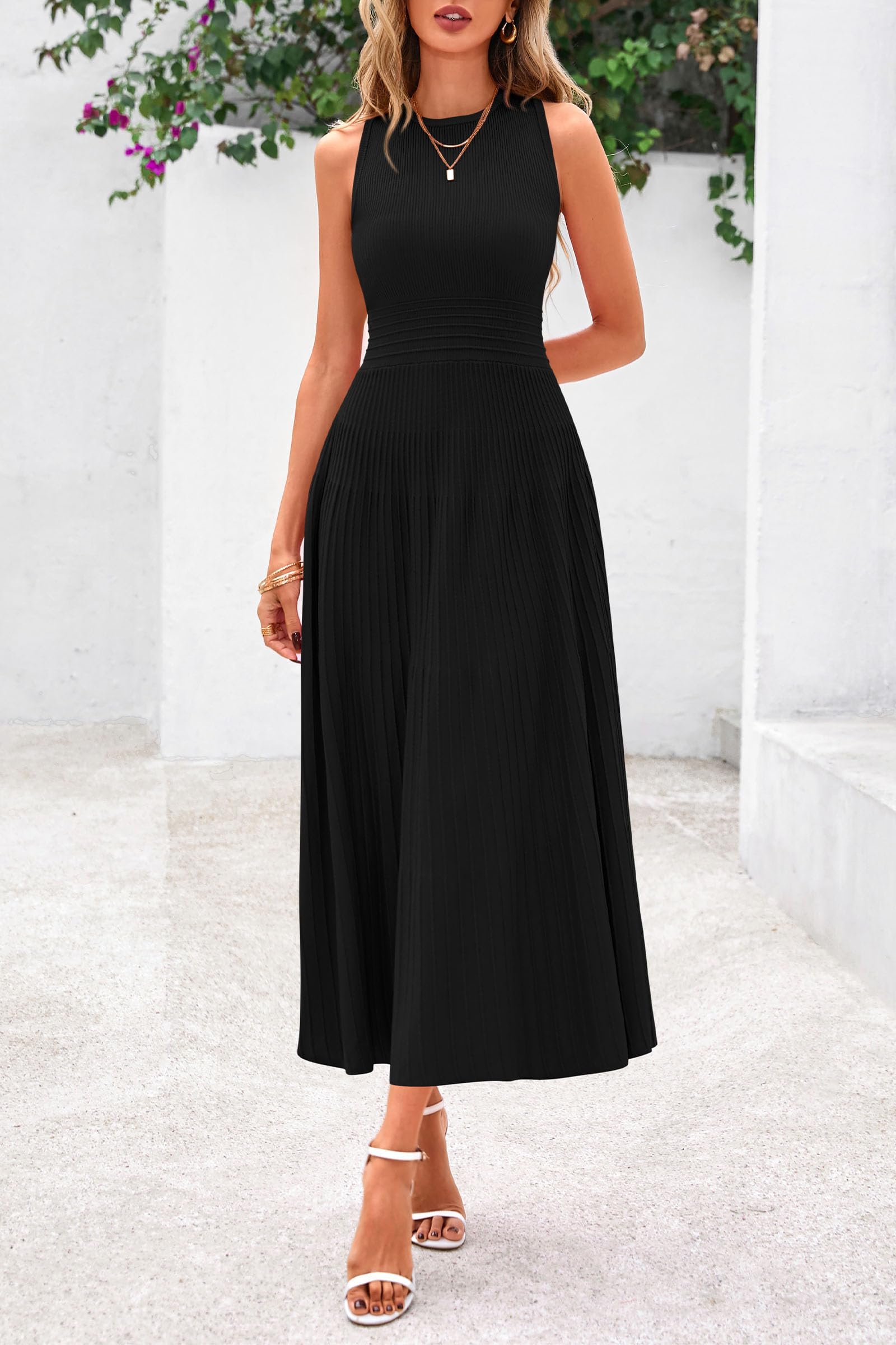 Women's Summer Pleated Midi Work Dress,Black,S