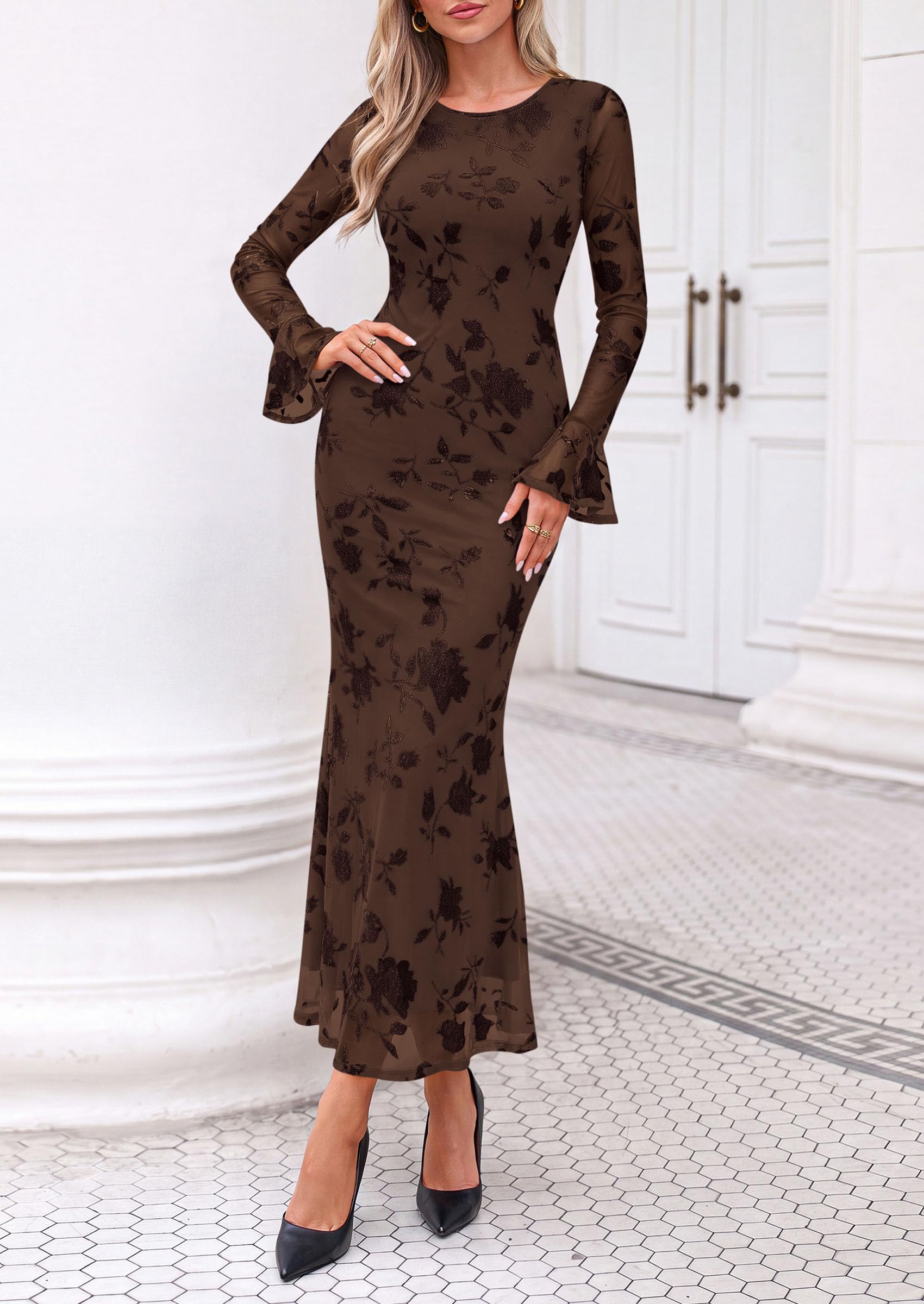Women's Long Sleeve Maxi Floral Mesh Fall Wedding Guest Dress