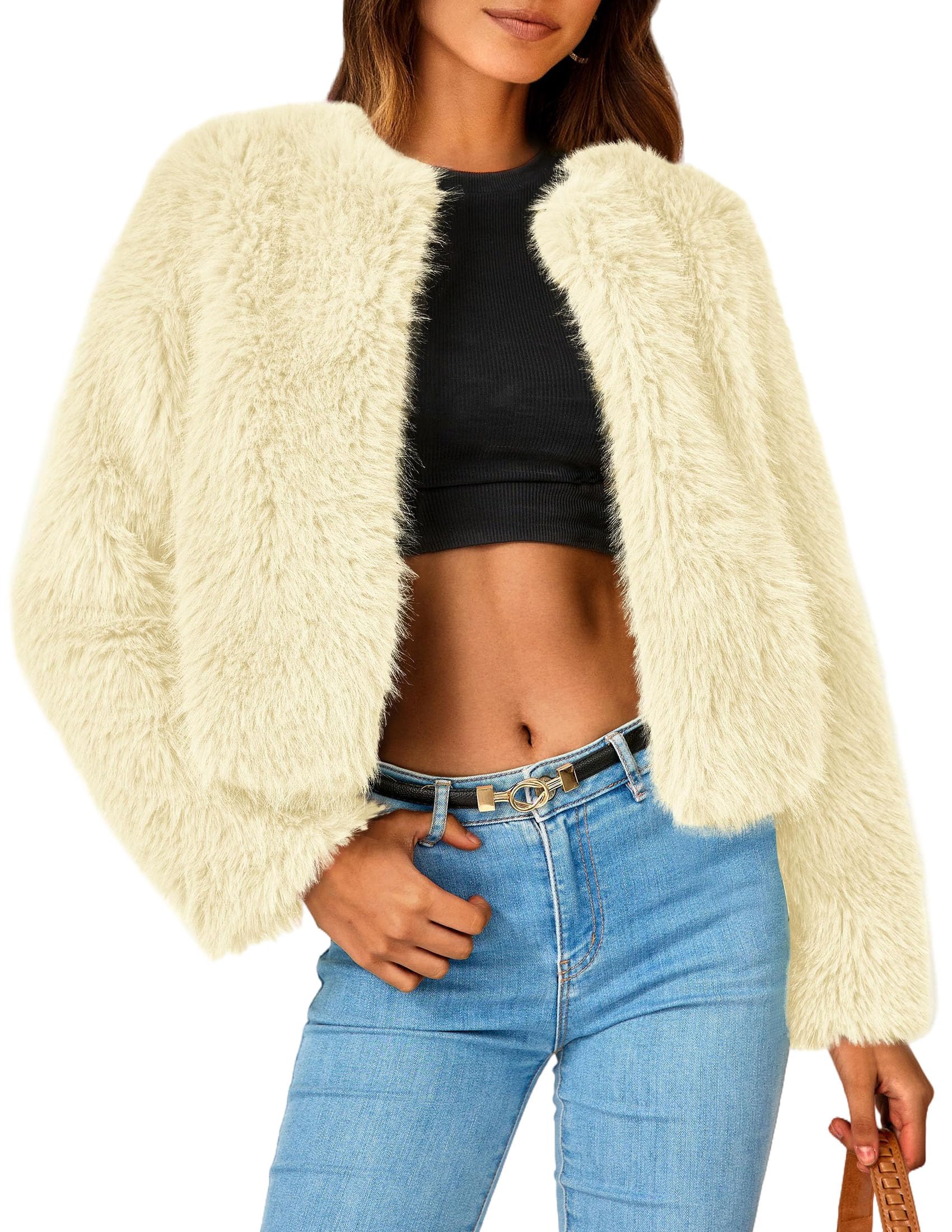Women's Winter Cropped Faux Fur Coats(Yellow,Small)