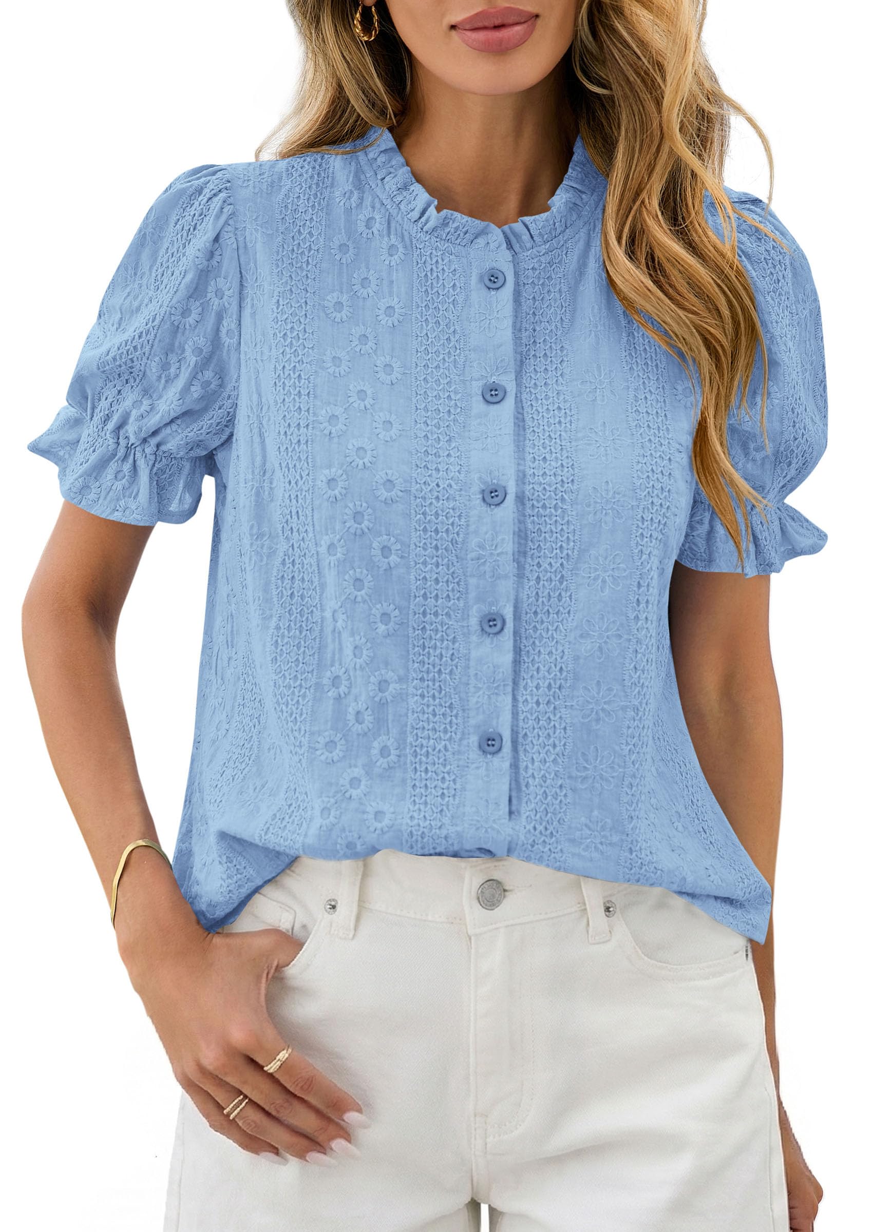 Womens Embroidered Puff Short Sleeve Tops,Light Blue,S